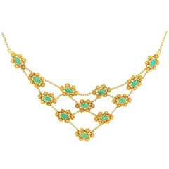 Antique Victorian 1.80 Carat Turquoise Rose Motif Bib Necklace, circa 1880s