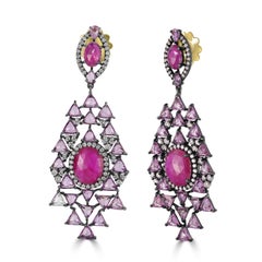 Victoriana 18.16 Cttw. Pendientes Colgantes de Rubí, Zafiro Rosa y Diamante
