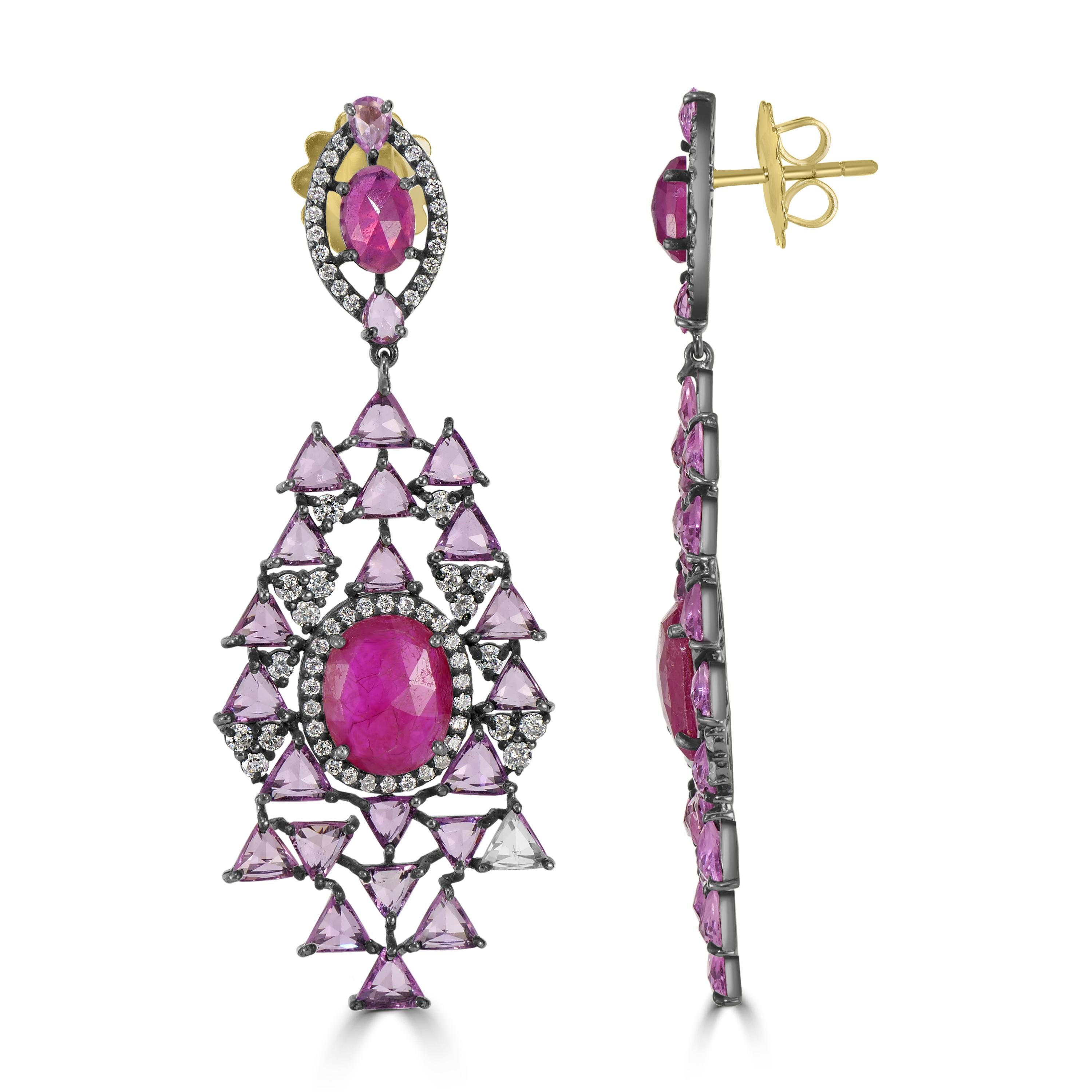 Oval Cut Victorian 18.16 Cttw. Ruby, Pink Sapphire and Diamond Dangle Earrings  For Sale