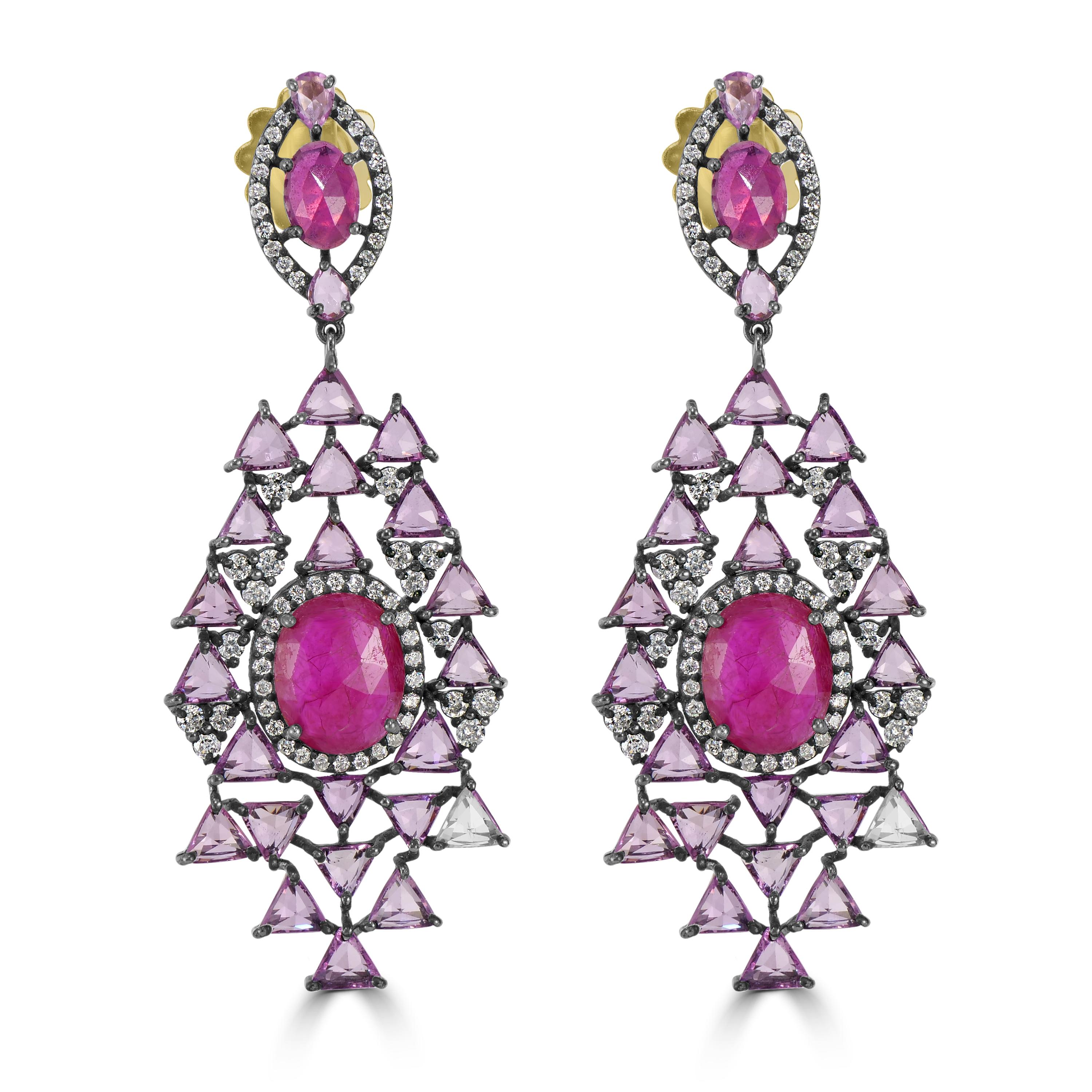 Victorian 18.16 Cttw. Ruby, Pink Sapphire and Diamond Dangle Earrings  In New Condition For Sale In New York, NY