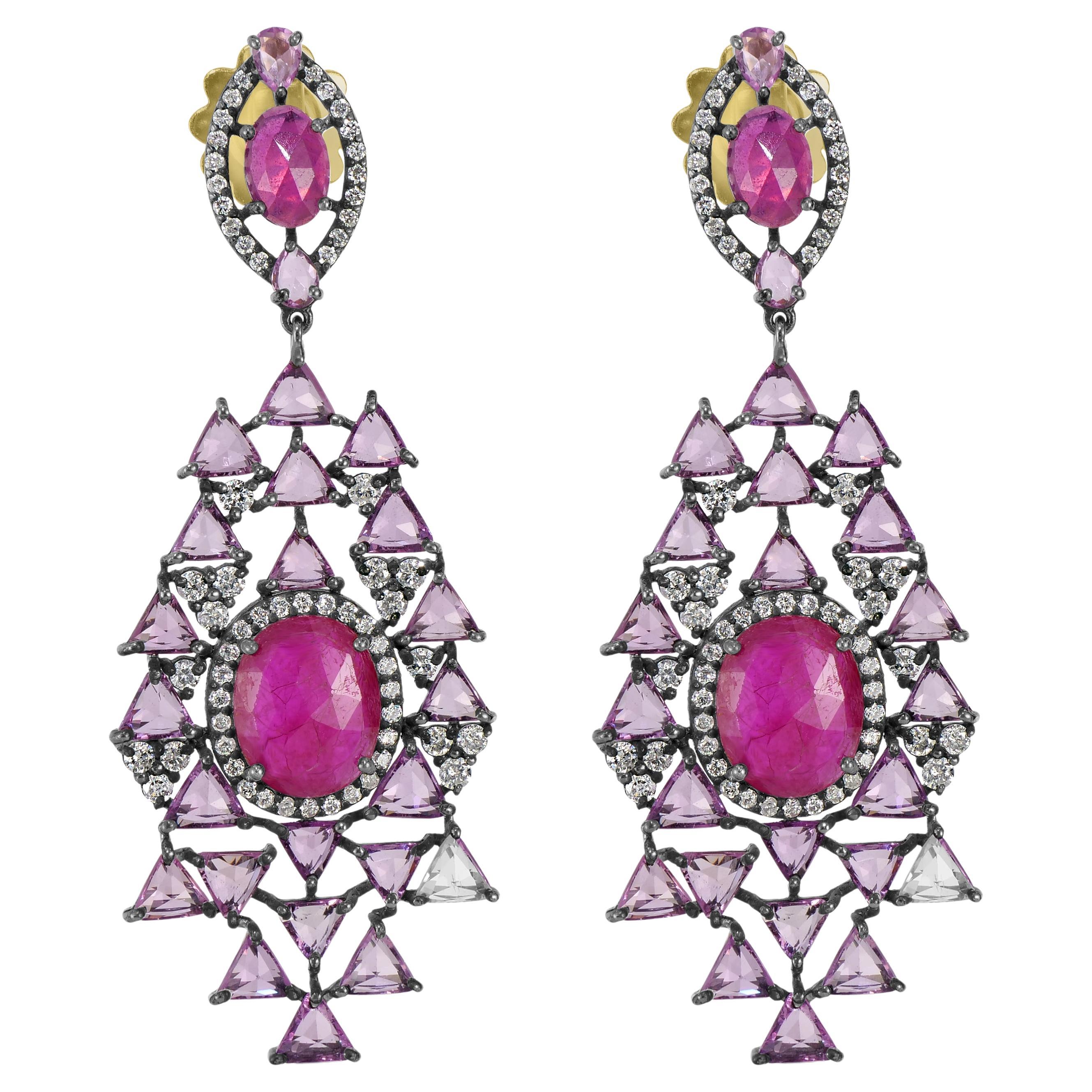 Victorian 18.16 Cttw. Ruby, Pink Sapphire and Diamond Dangle Earrings  For Sale