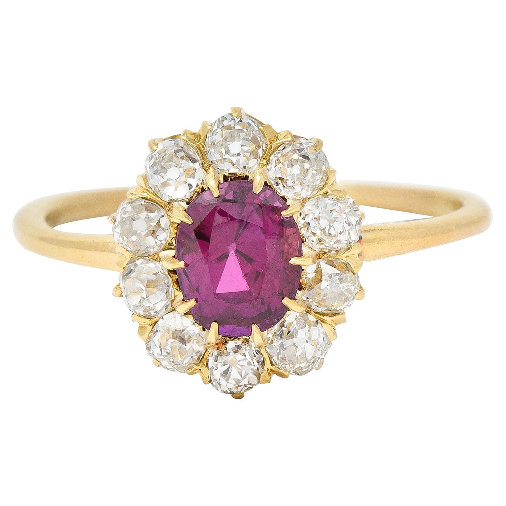 Bague grappe victorienne ancienne en or jaune 14 carats avec diamants et rubis de 1,82 carat