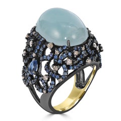 Victorian 18.2 Cttw. Natural Aquamarine, Sapphire/Diamond Ring Size 7 in 18k/925