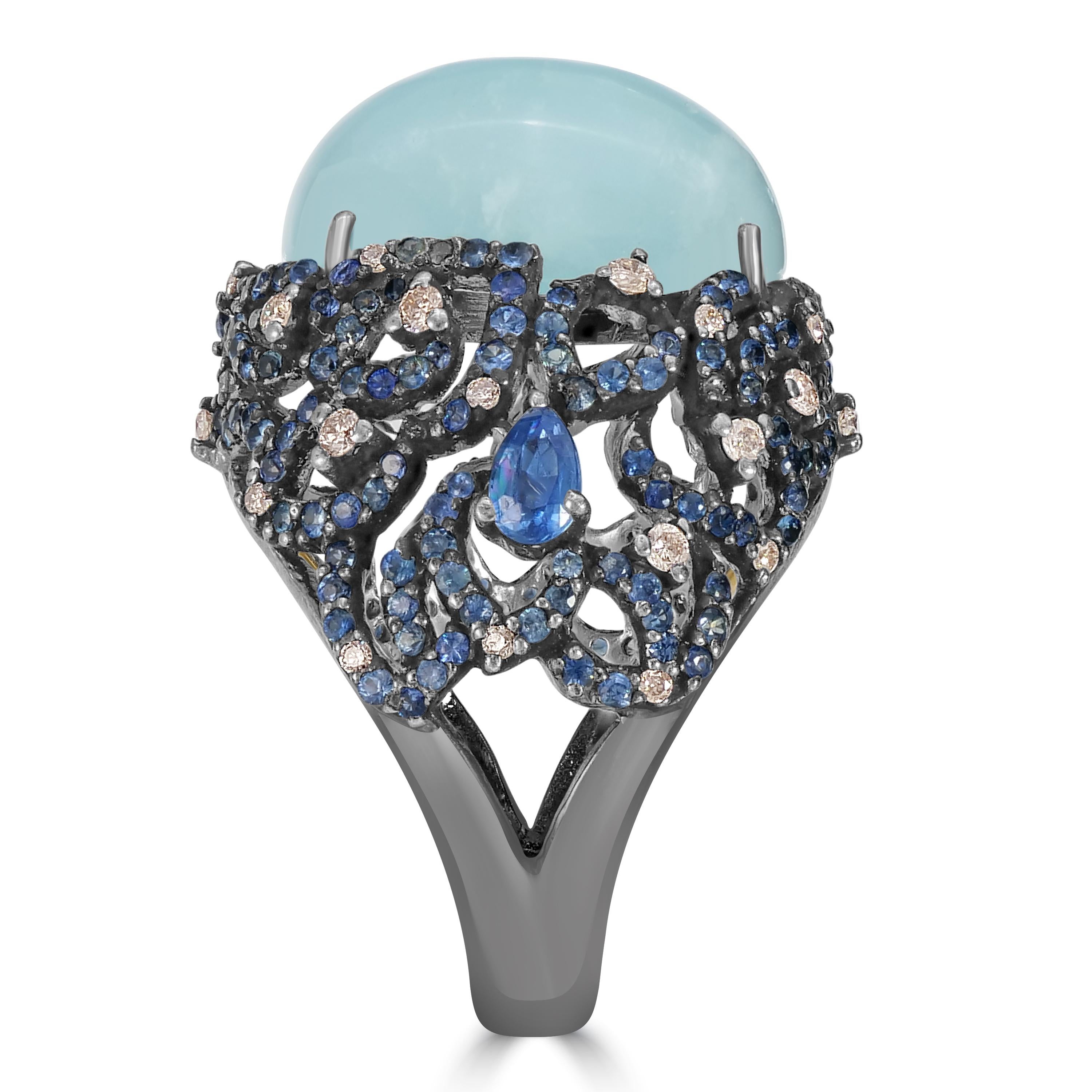 Oval Cut Victorian 18.2 Cttw. Natural Aquamarine, Sapphire/Diamond Ring Size 7 in 18k/925 For Sale