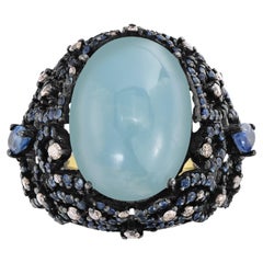 Victorian 18.2 Cttw. Aquamarine, Sapphire and Diamond Dome Ring in 18k|925