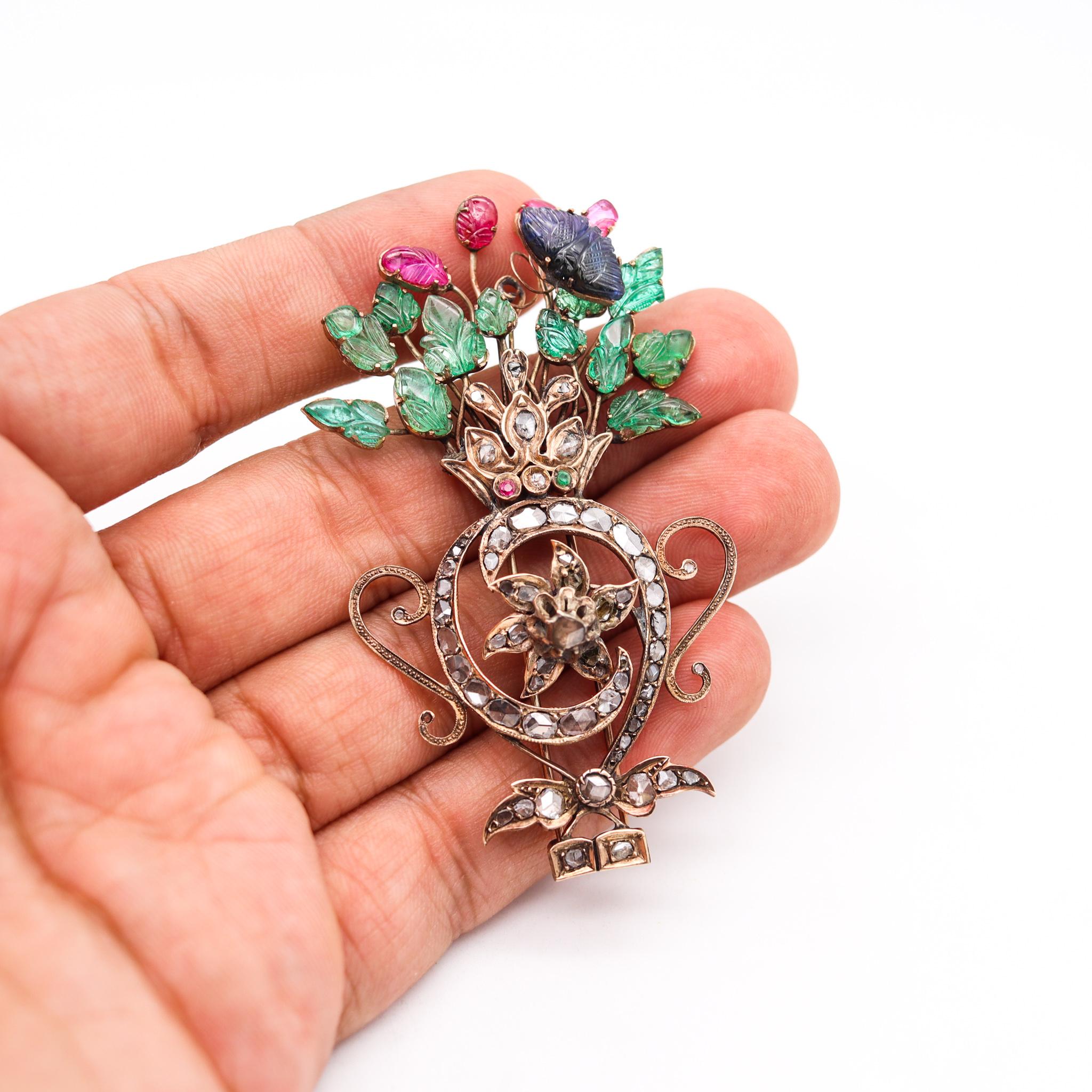 Mixed Cut Victorian 1837 Mughal Tutti Frutti Brooch In 17Kt Gold With Carved Gemstones For Sale
