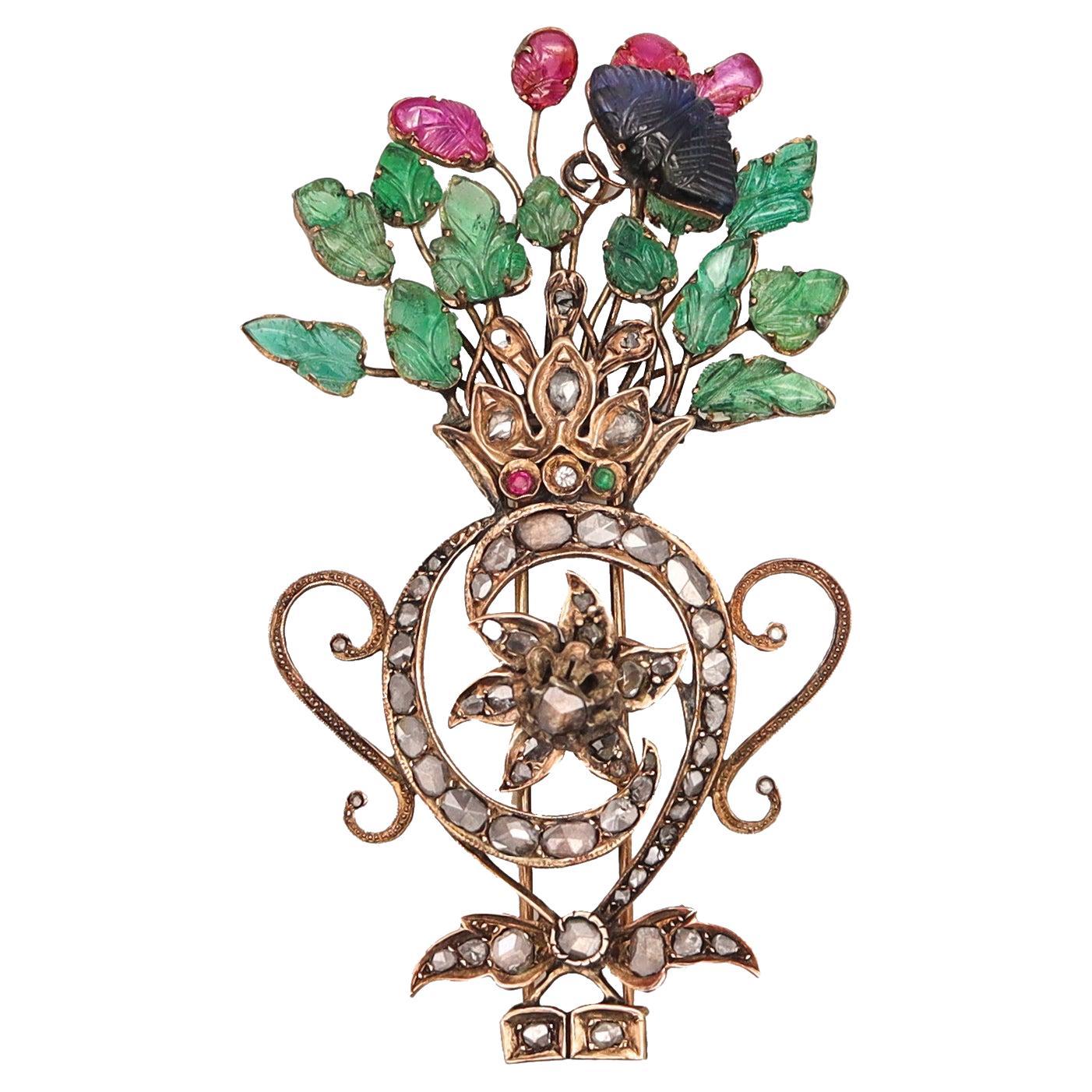 Victorian 1837 Mughal Tutti Frutti Brooch In 17Kt Gold With Carved Gemstones For Sale