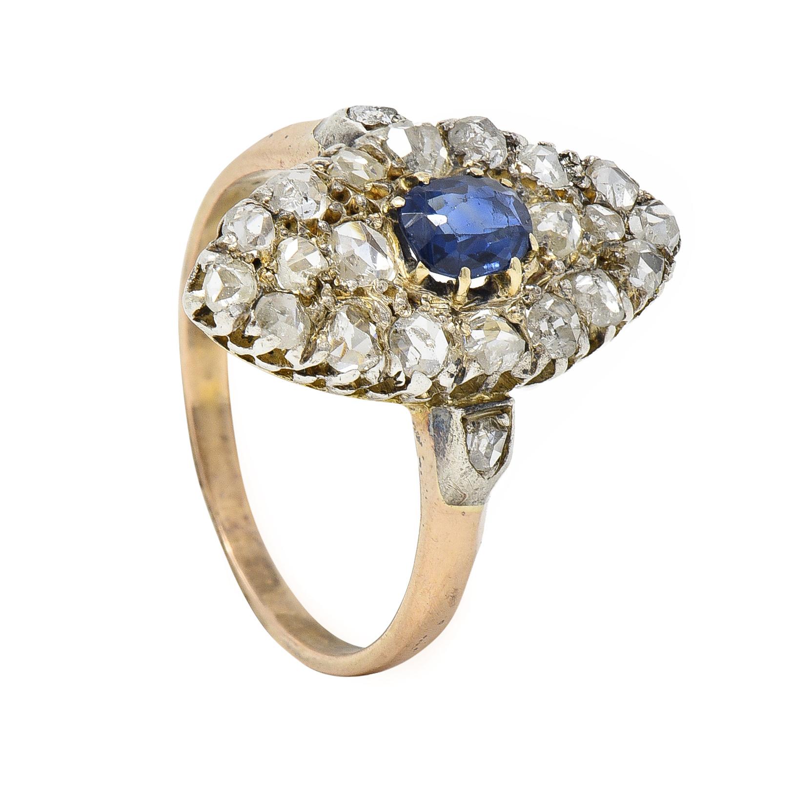 Victorian 1.84 CTW Sapphire Diamond 18 Karat Gold Silver Antique Cluster Ring For Sale 5