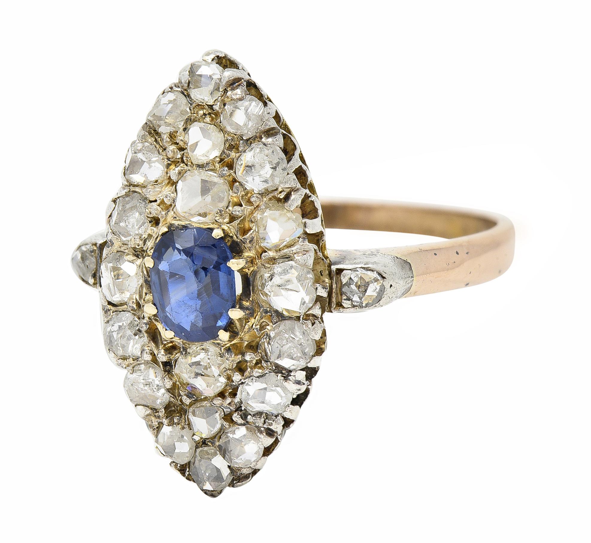 Women's or Men's Victorian 1.84 CTW Sapphire Diamond 18 Karat Gold Silver Antique Cluster Ring For Sale