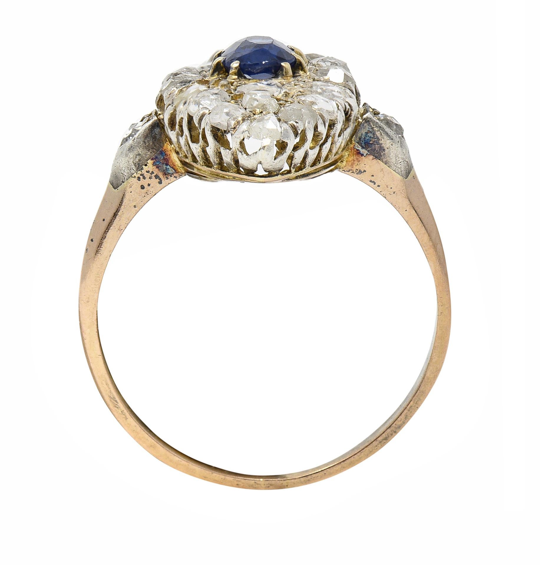 Victorian 1.84 CTW Sapphire Diamond 18 Karat Gold Silver Antique Cluster Ring For Sale 1