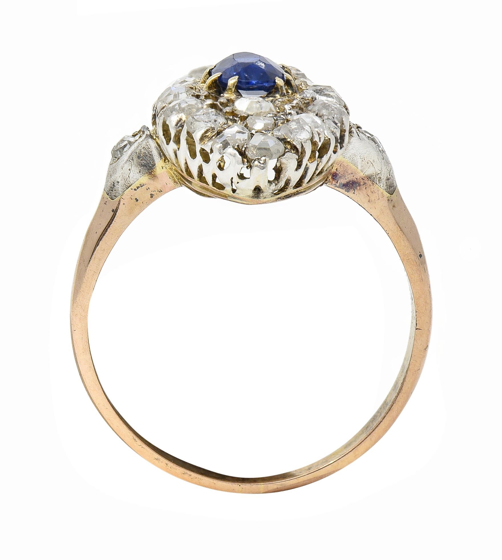 Victorian 1.84 CTW Sapphire Diamond 18 Karat Gold Silver Antique Cluster Ring For Sale 2