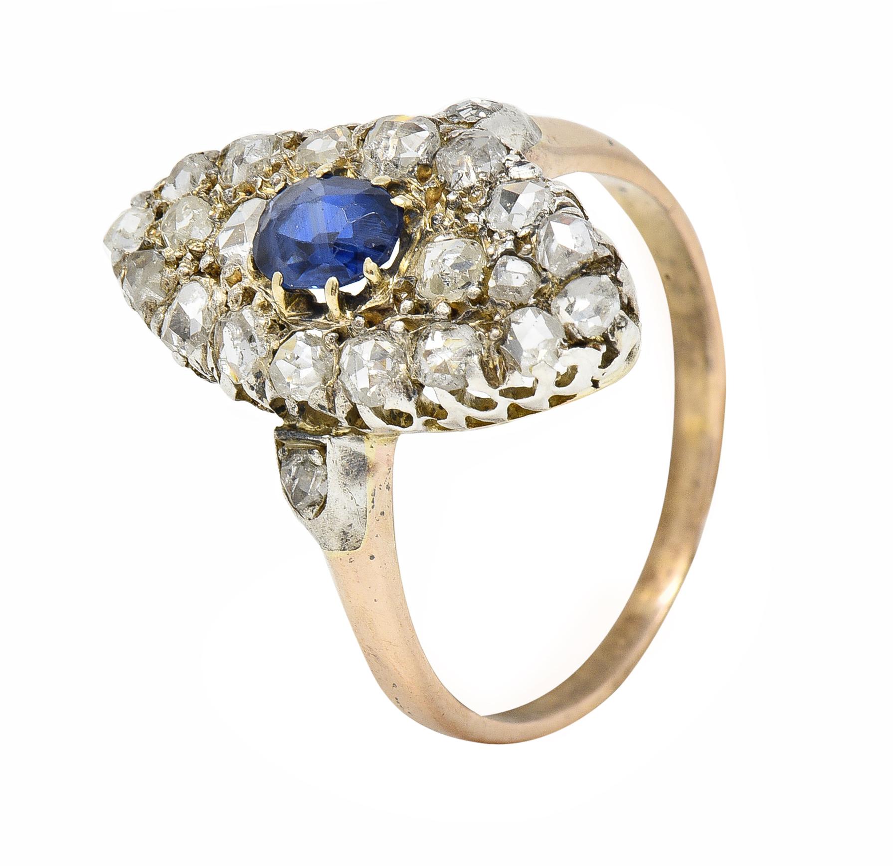 Victorian 1.84 CTW Sapphire Diamond 18 Karat Gold Silver Antique Cluster Ring For Sale 4