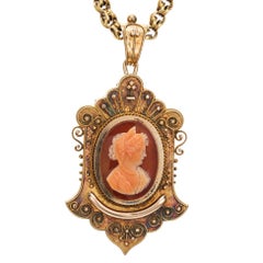 Victorian 1845 Carnelian Hardstone Yellow Gold Cameo Brooch Pendant Necklace