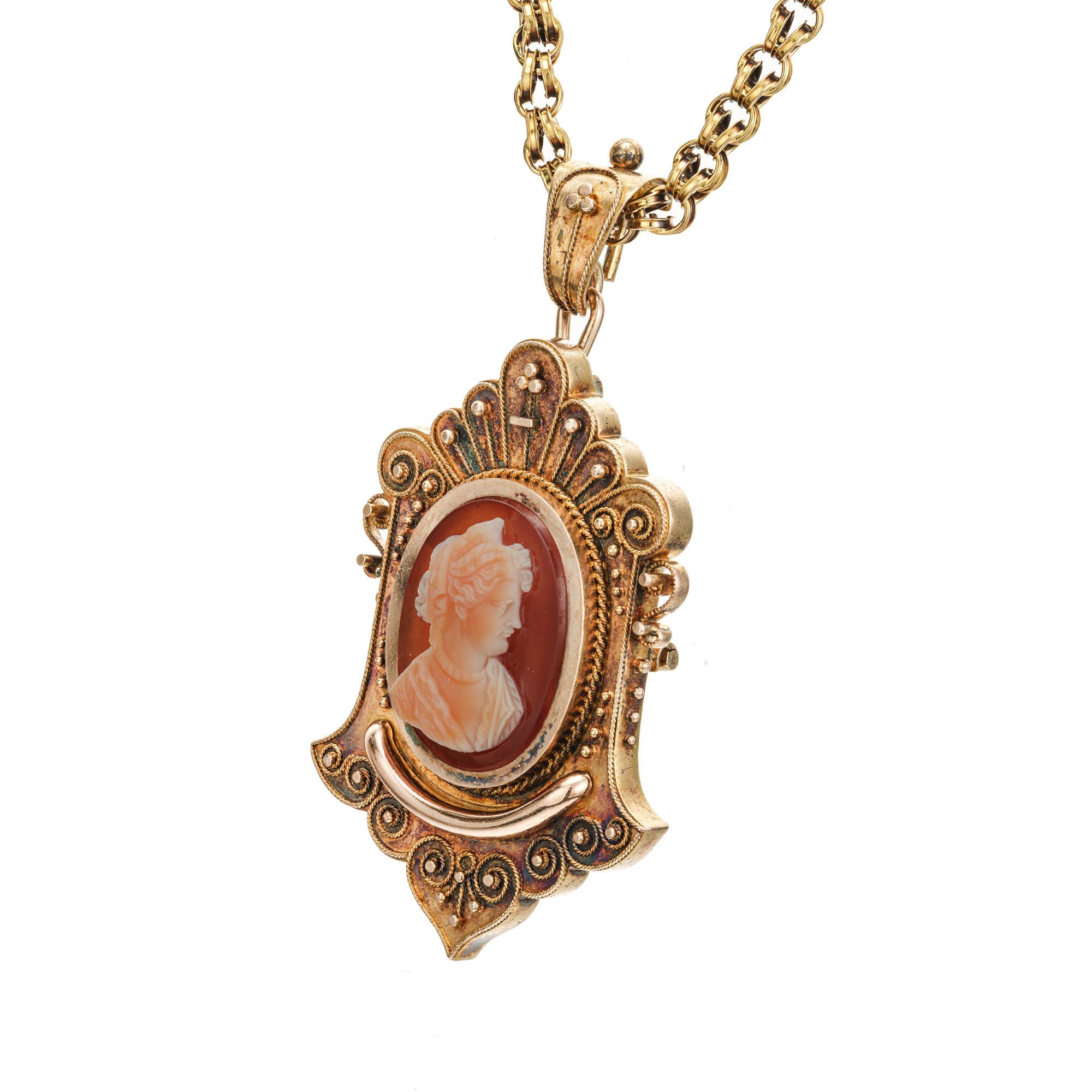 Oval Cut Victorian 1845 Carnelian Hardstone Yellow Gold Cameo Brooch Pendant Necklace For Sale