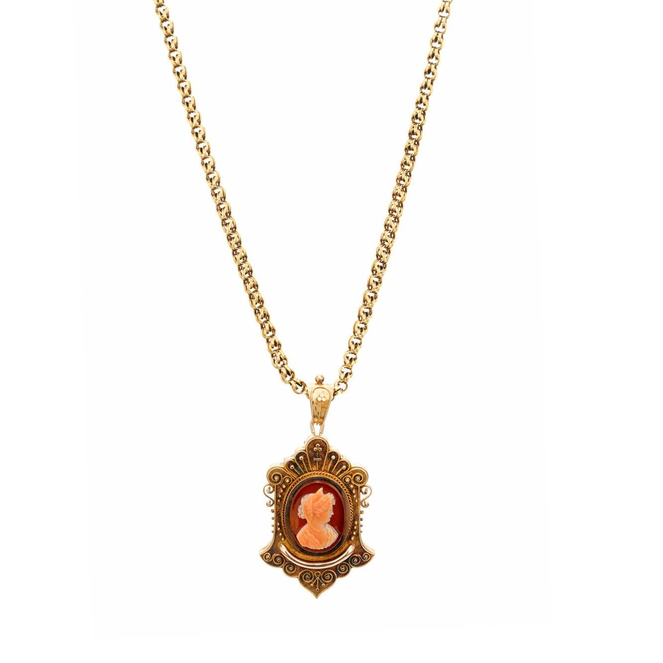 Women's Victorian 1845 Carnelian Hardstone Yellow Gold Cameo Brooch Pendant Necklace For Sale