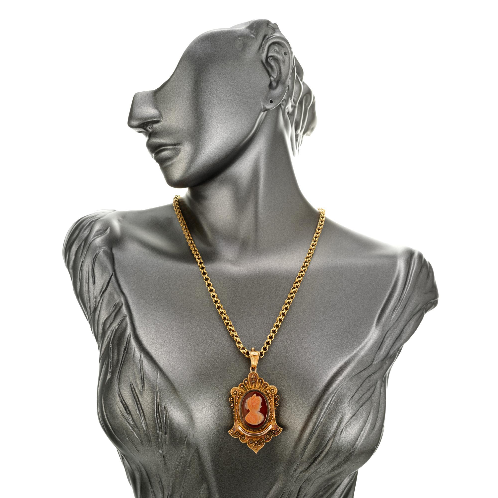Victorian 1845 Carnelian Hardstone Yellow Gold Cameo Brooch Pendant Necklace For Sale 2