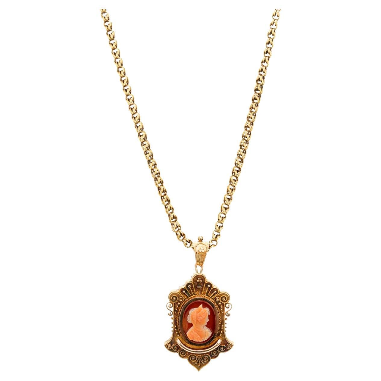 Victorian 1845 Carnelian Hardstone Yellow Gold Cameo Brooch Pendant Necklace