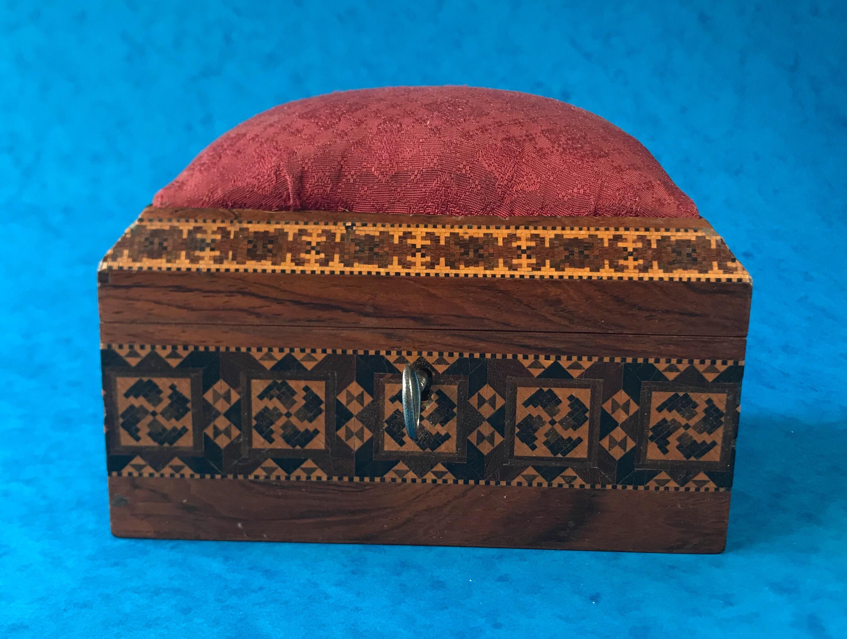 English Victorian 1845 Tunbridge Ware , Stickware and Mosaic Sewing Box