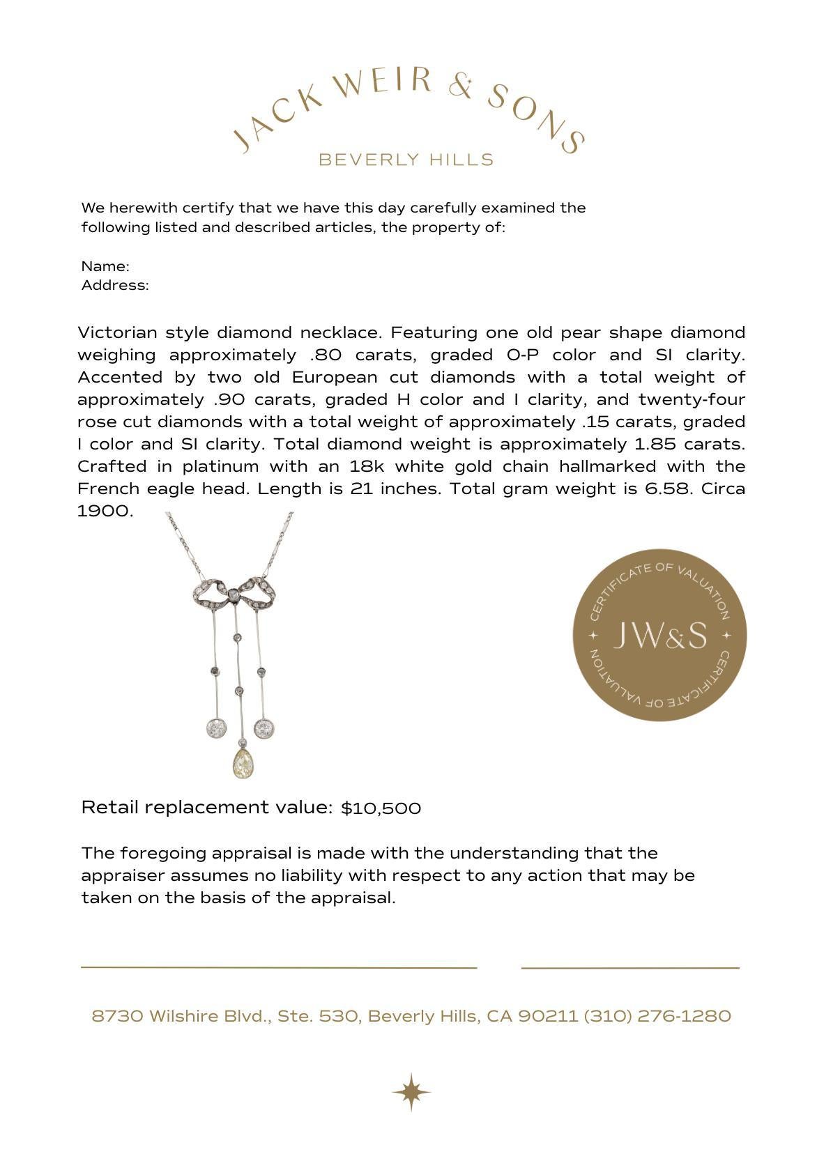 Collier victorien en platine contenant des diamants d'un poids total de 1,85 carat Pour femmes en vente