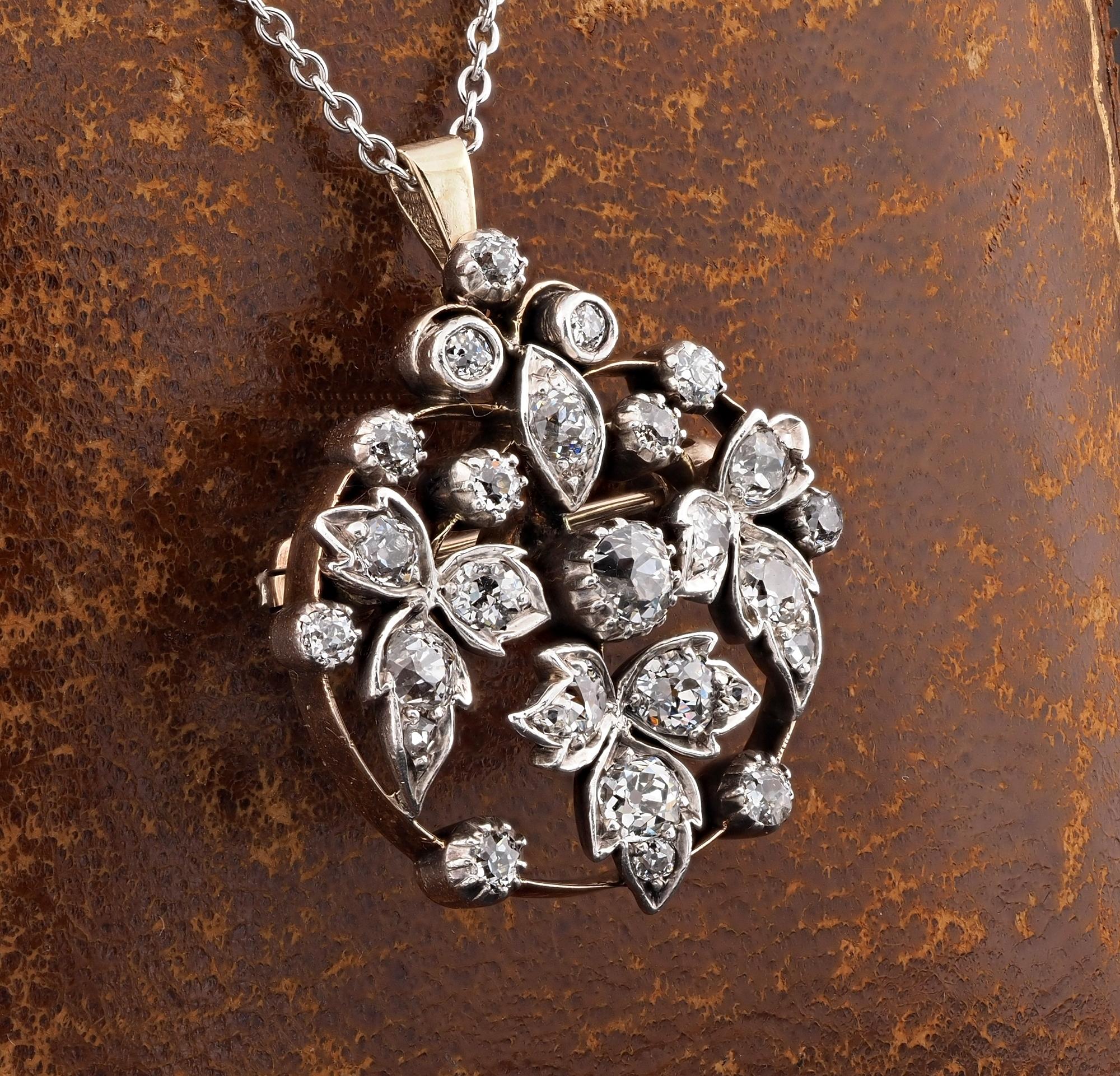 Victorian 1.85 Ct Diamond Brooch Pendant In Good Condition For Sale In Napoli, IT