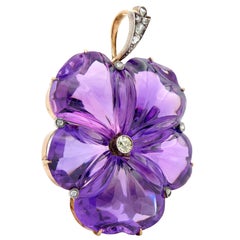 Victorian 1850 Amethyst Diamond Silver 14 Karat Rose Gold Antique Pansy Pendant