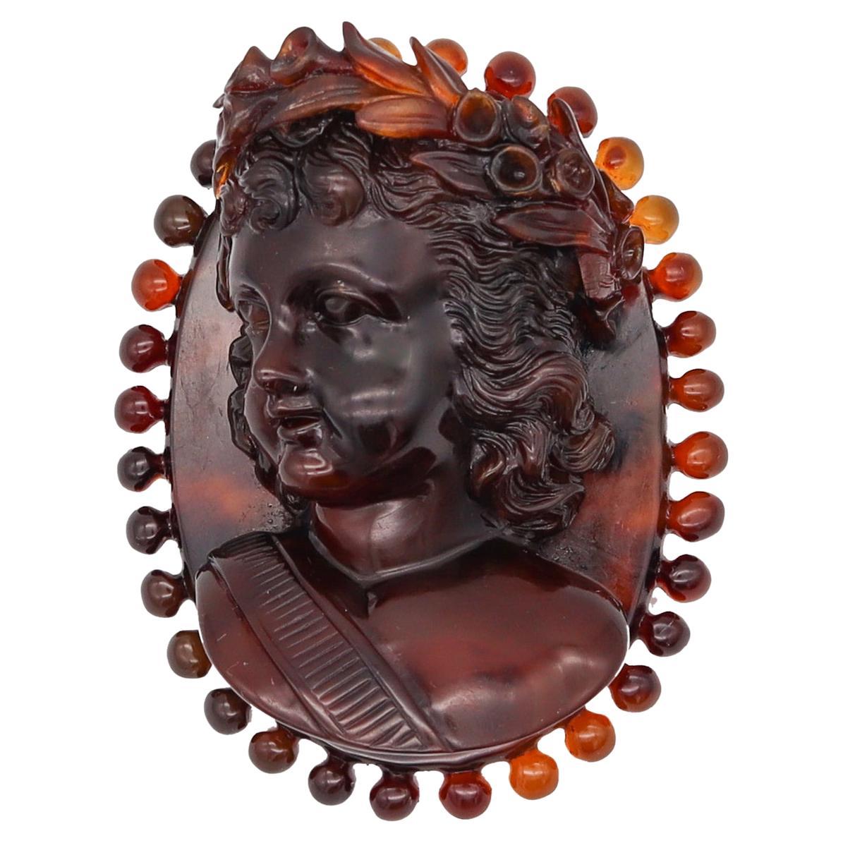 Victorian 1850 Antique Sculptural Brooch Carved Portrait of Cupid in High Relief For Sale