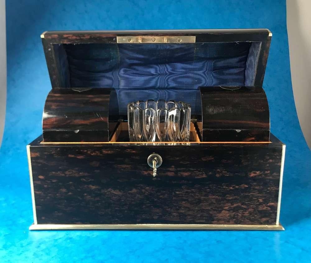 Polished Victorian 1850 brass bound coromandel tea caddy 