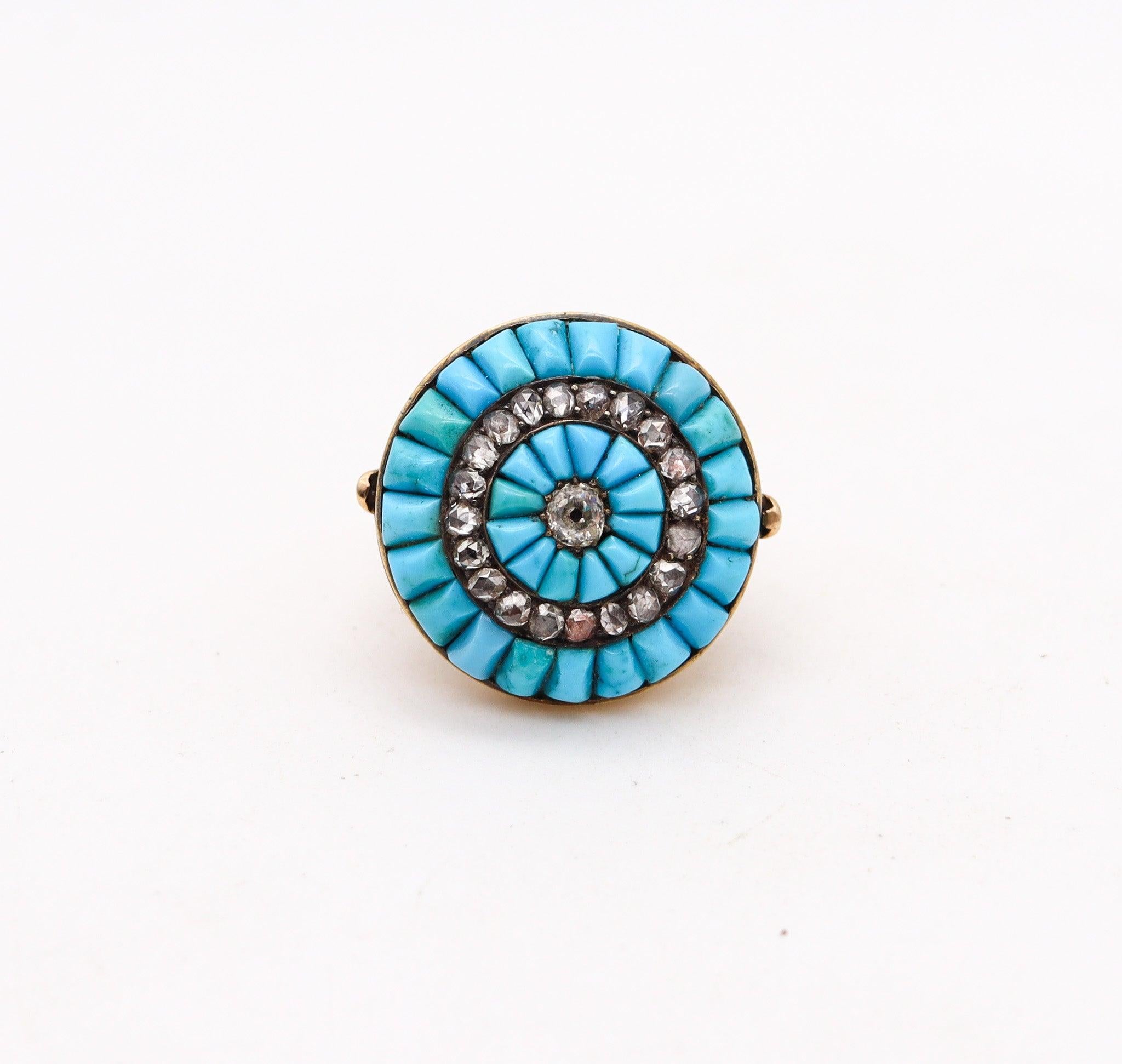 Victorien Bague cocktail VICTORIAN 1850 en or 15 carats avec turquoise et diamants taille rose