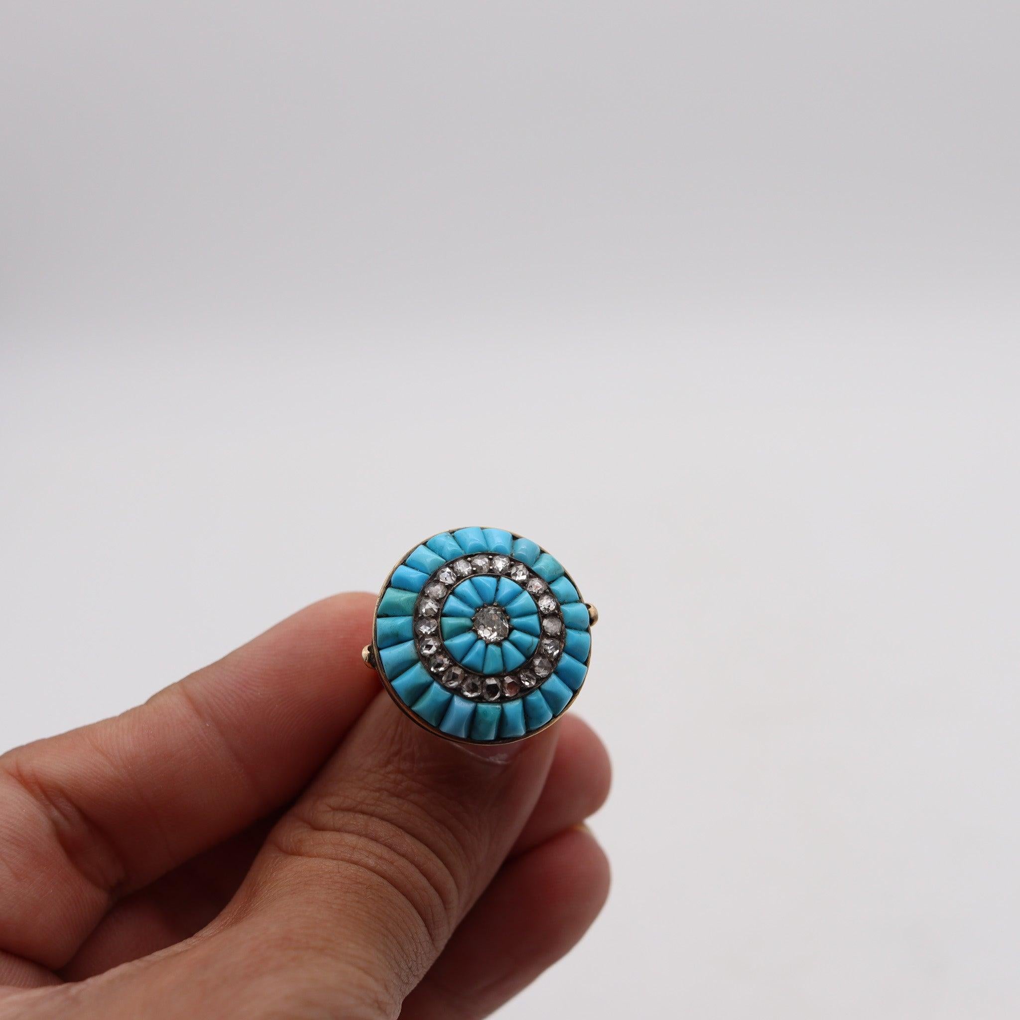 Bague cocktail VICTORIAN 1850 en or 15 carats avec turquoise et diamants taille rose Excellent état à Miami, FL