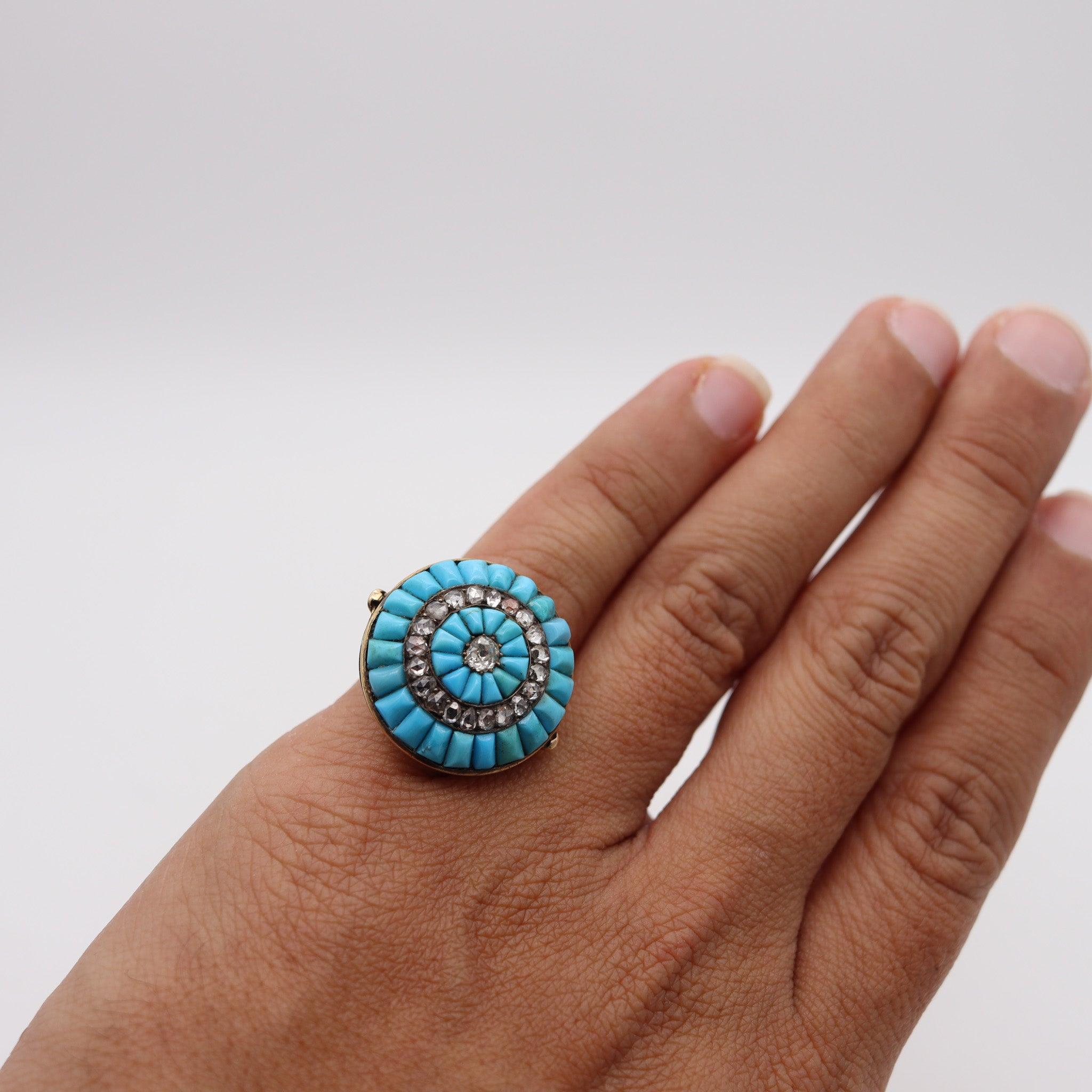  Bague cocktail VICTORIAN 1850 en or 15 carats avec turquoise et diamants taille rose Pour femmes 