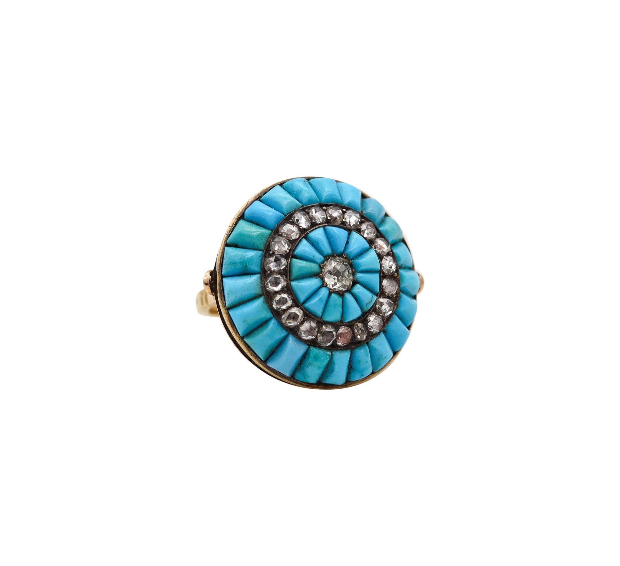 Bague cocktail VICTORIAN 1850 en or 15 carats avec turquoise et diamants taille rose 1