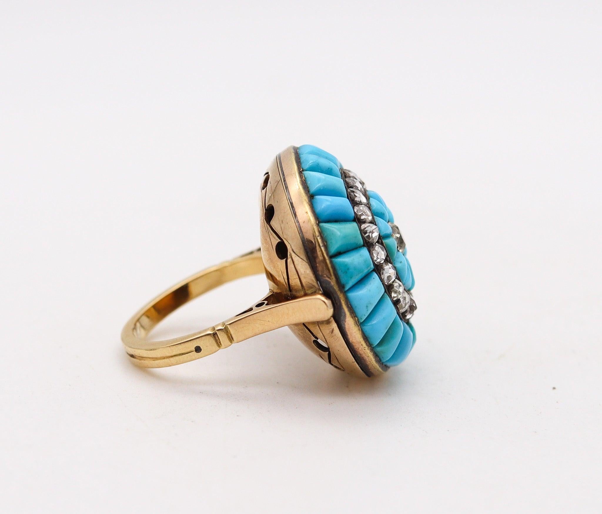 Bague cocktail VICTORIAN 1850 en or 15 carats avec turquoise et diamants taille rose 2