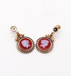 Victorian 1850 Etruscan Revival Dangle Drop Earrings 14Kt Gold & Agates Intaglio