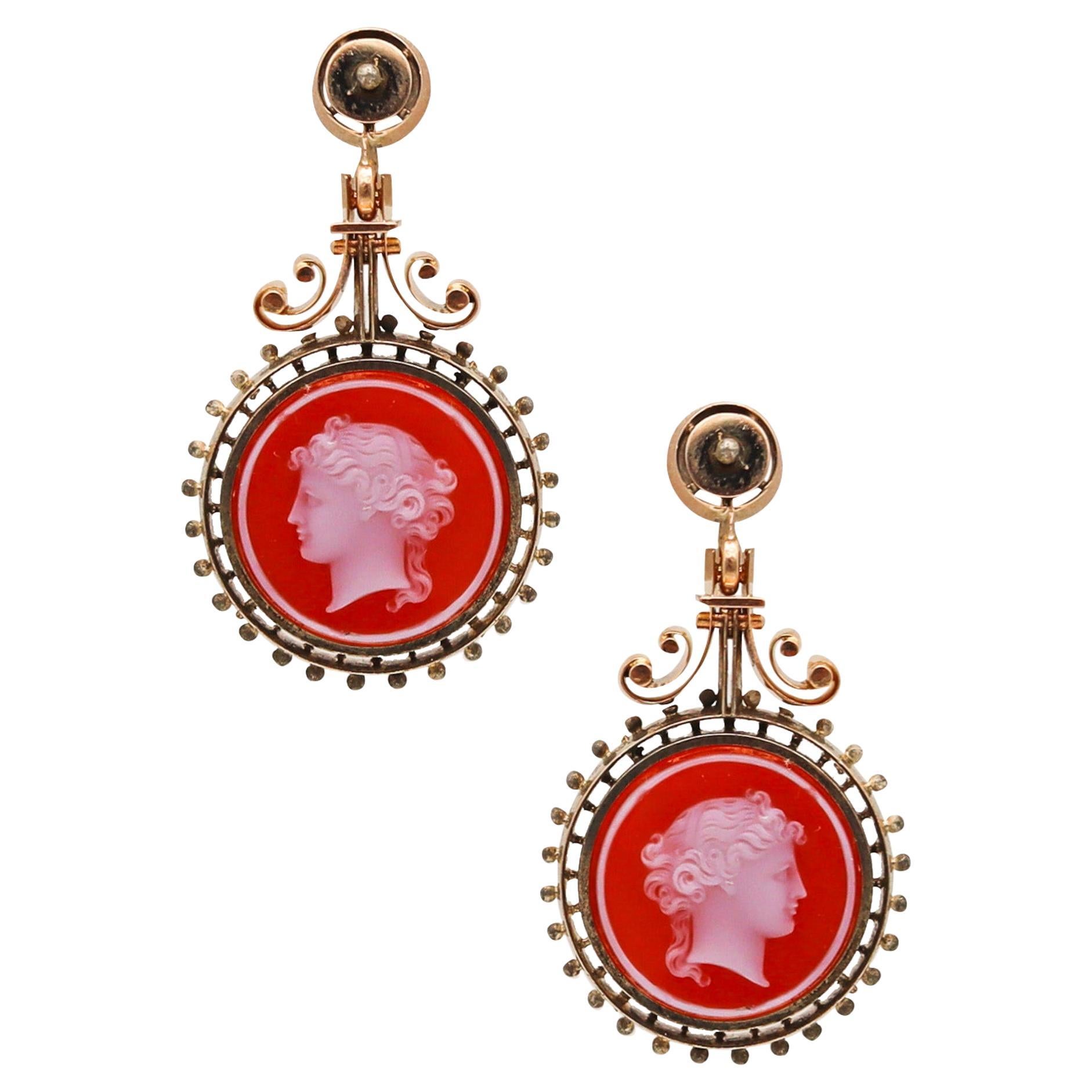 Victorian 1850 Etruscan Revival Dangle Drop Earrings 14Kt Gold & Agates Intaglio For Sale