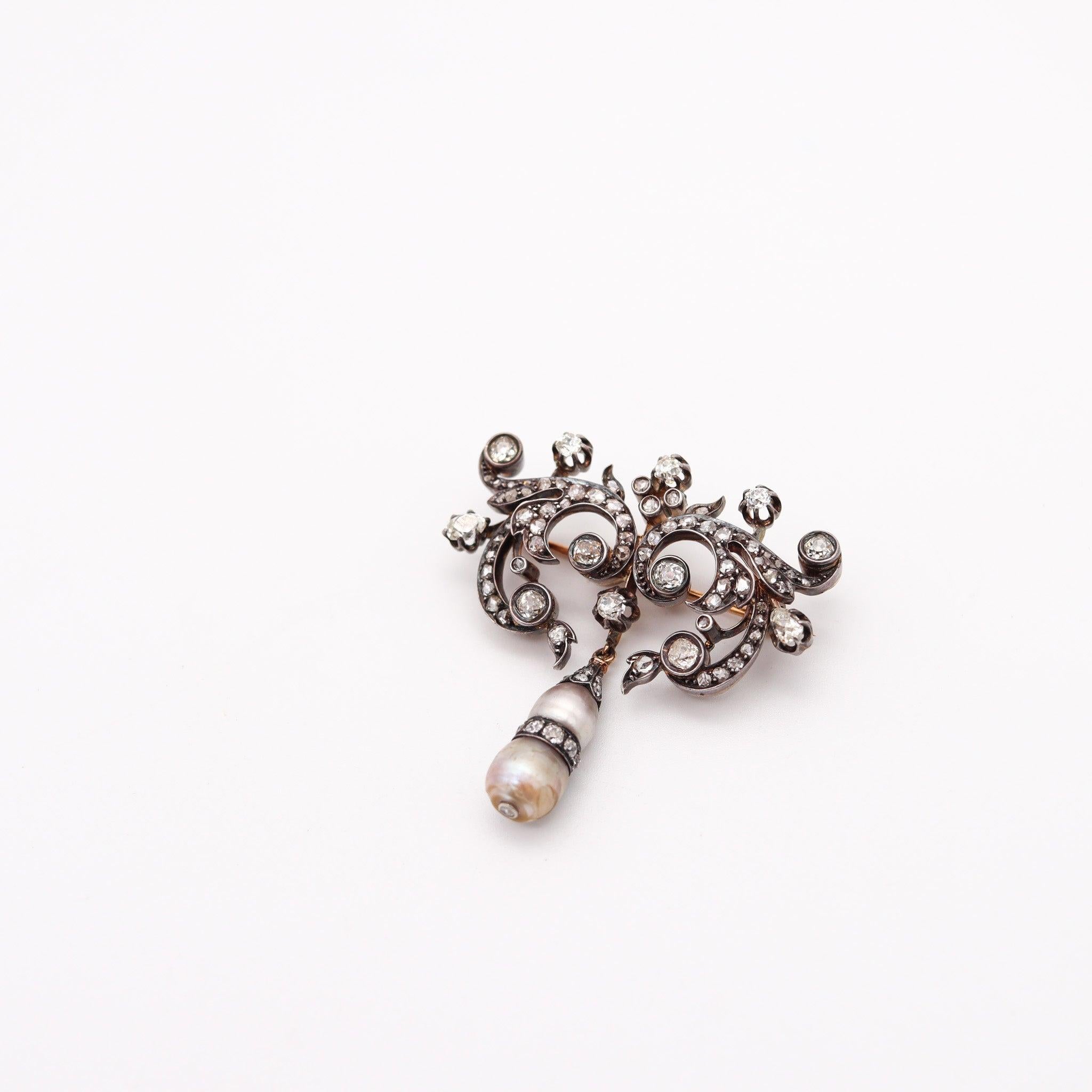 High Victorian VICTORIAN 1850 GIA Bar Brooch In 15Kt Gold With Natural Pearls & Diamonds For Sale