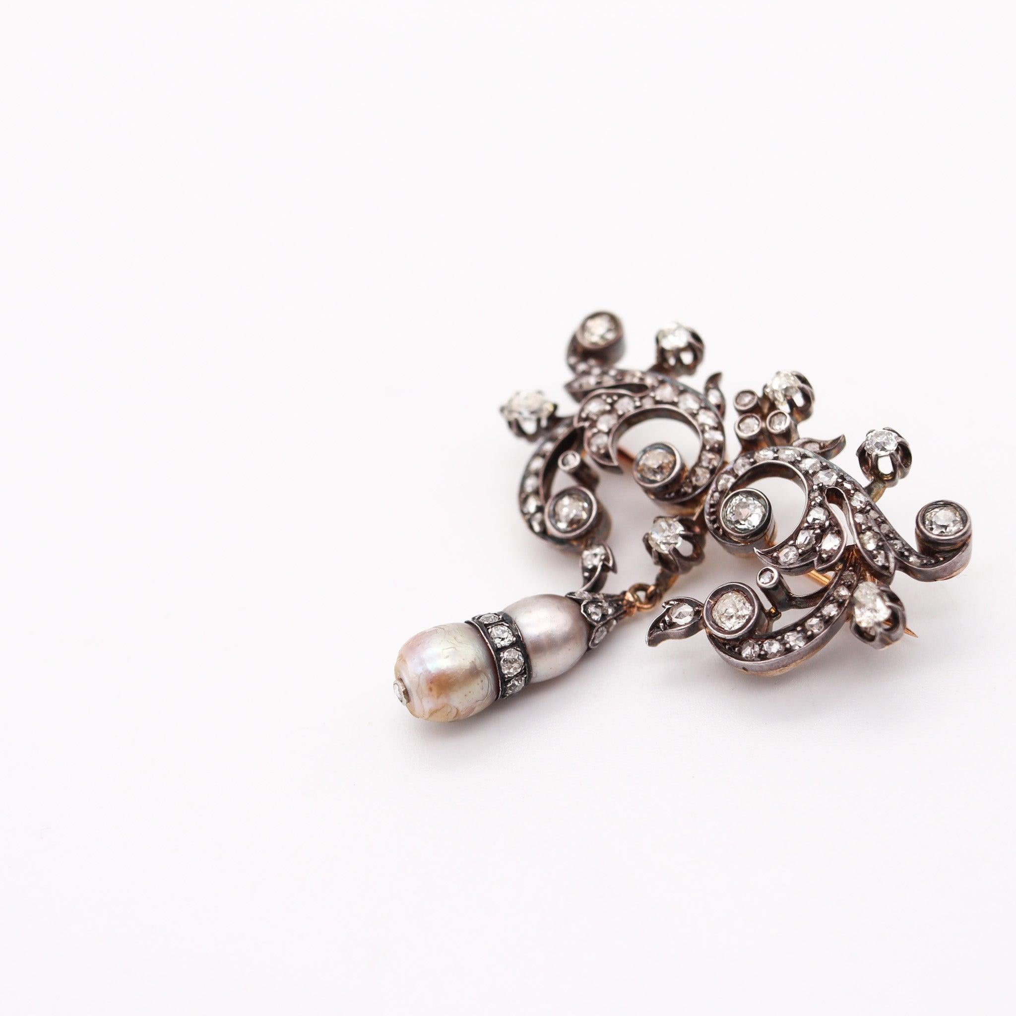 Women's VICTORIAN 1850 GIA Bar Brooch In 15Kt Gold With Natural Pearls & Diamonds For Sale