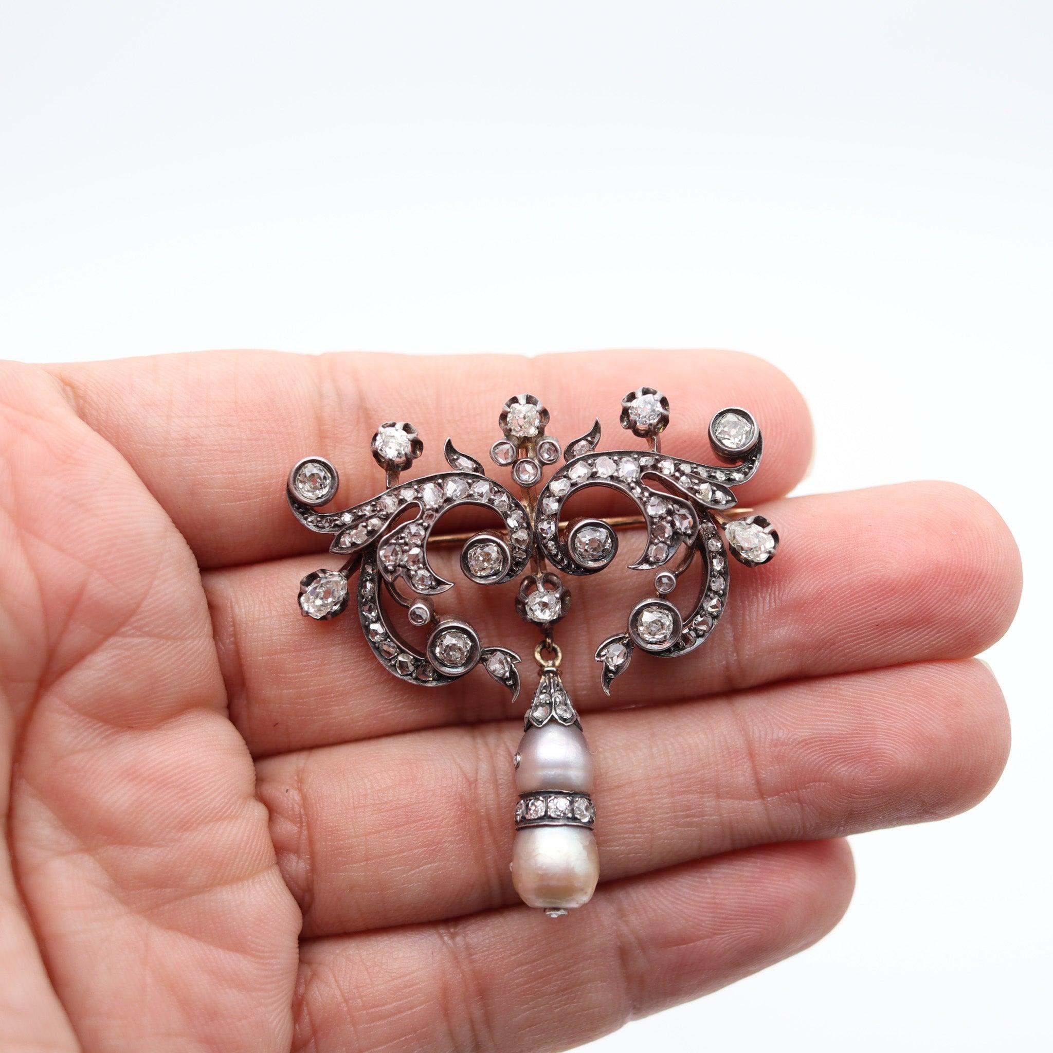 VICTORIAN 1850 GIA Bar Brooch In 15Kt Gold With Natural Pearls & Diamonds For Sale 1