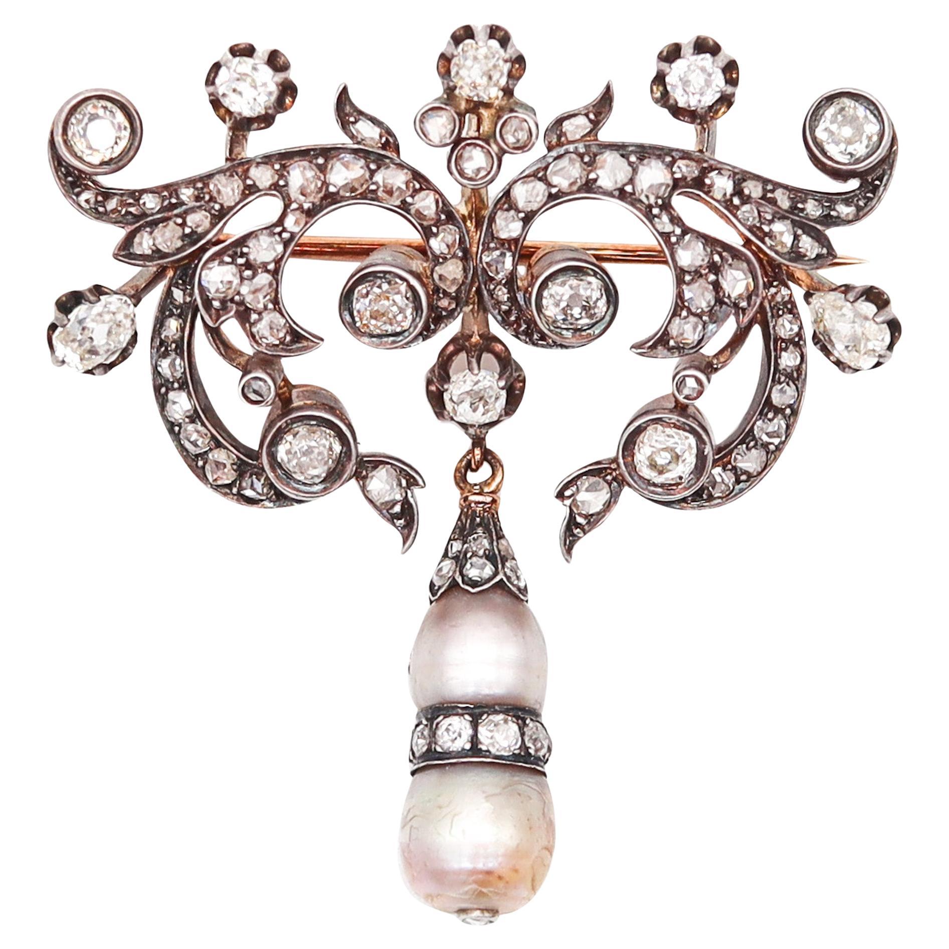 VICTORIAN 1850 GIA Bar Brooch In 15Kt Gold With Natural Pearls & Diamonds