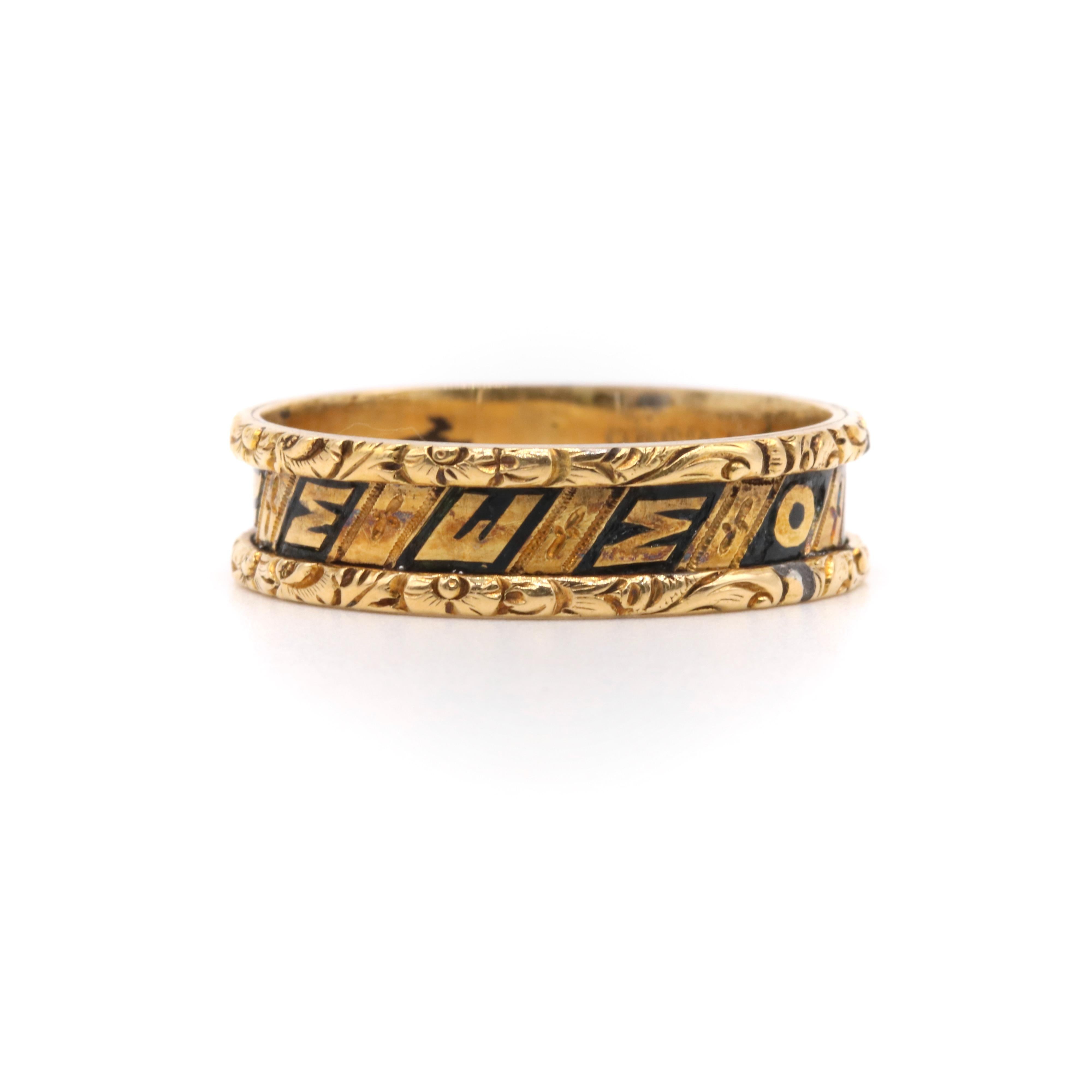 Victorian 1850s 18K Gold Black Enamel “In Memory Of” Engraved Mourning Ring For Sale 1