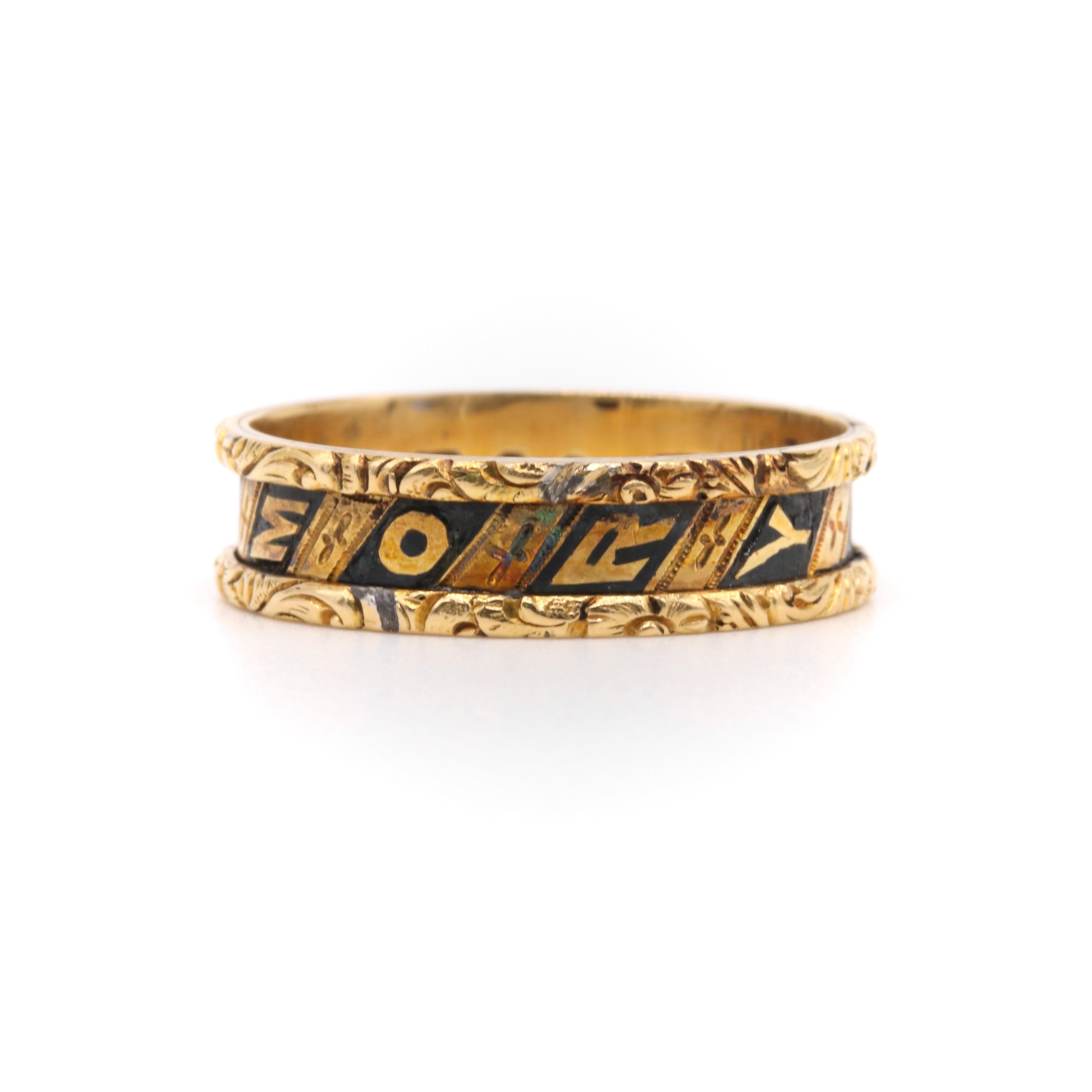 Victorian 1850s 18K Gold Black Enamel “In Memory Of” Engraved Mourning Ring For Sale 2