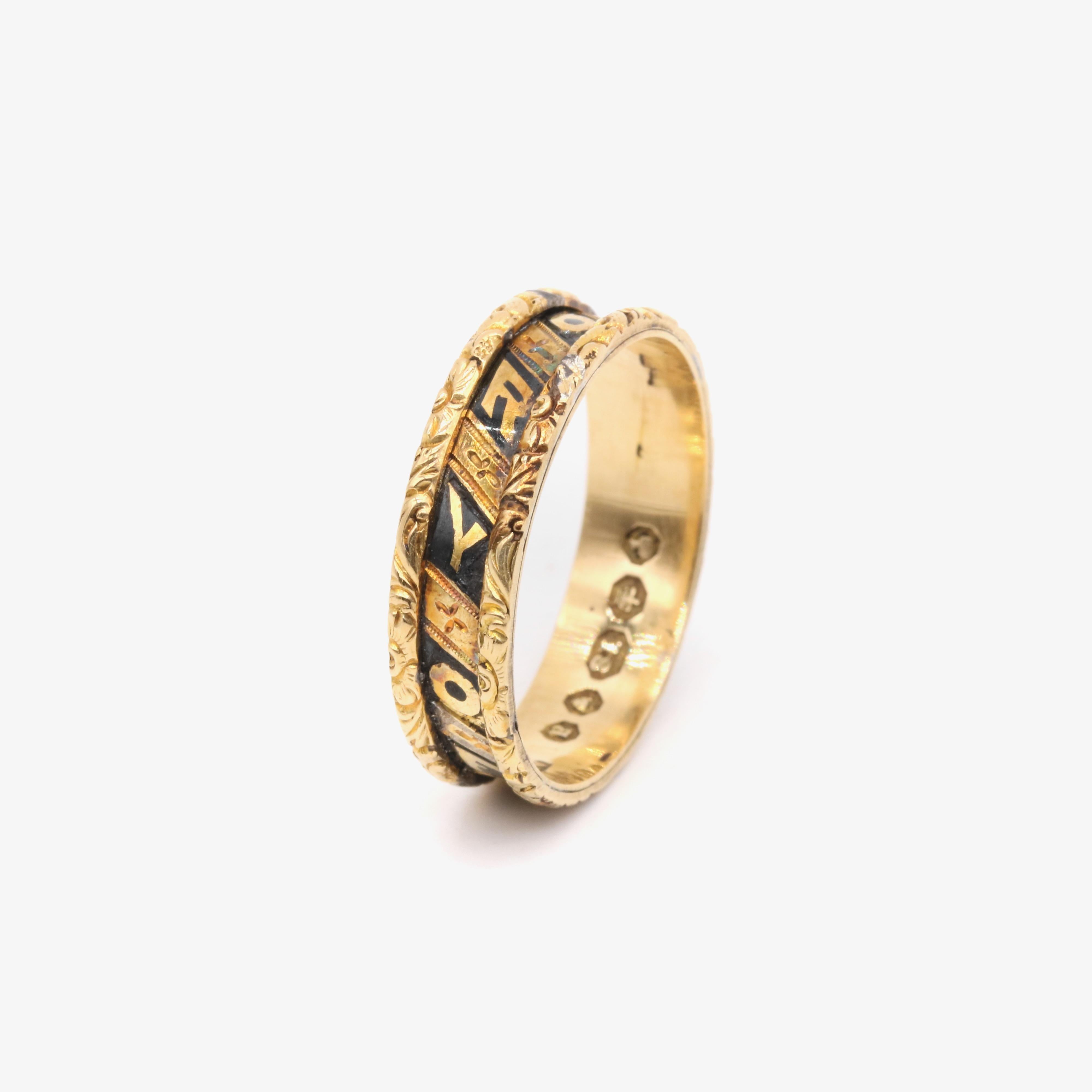 Victorian 1850s 18K Gold Black Enamel “In Memory Of” Engraved Mourning Ring For Sale 3