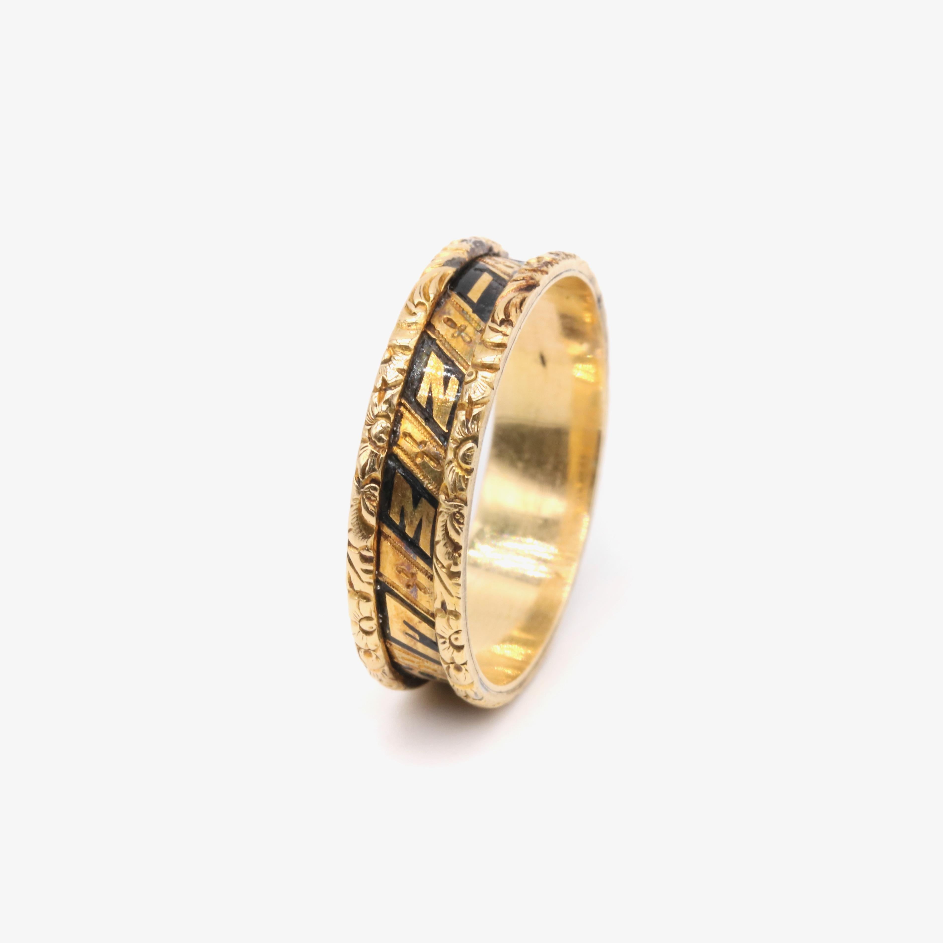 Victorian 1850s 18K Gold Black Enamel “In Memory Of” Engraved Mourning Ring For Sale 4