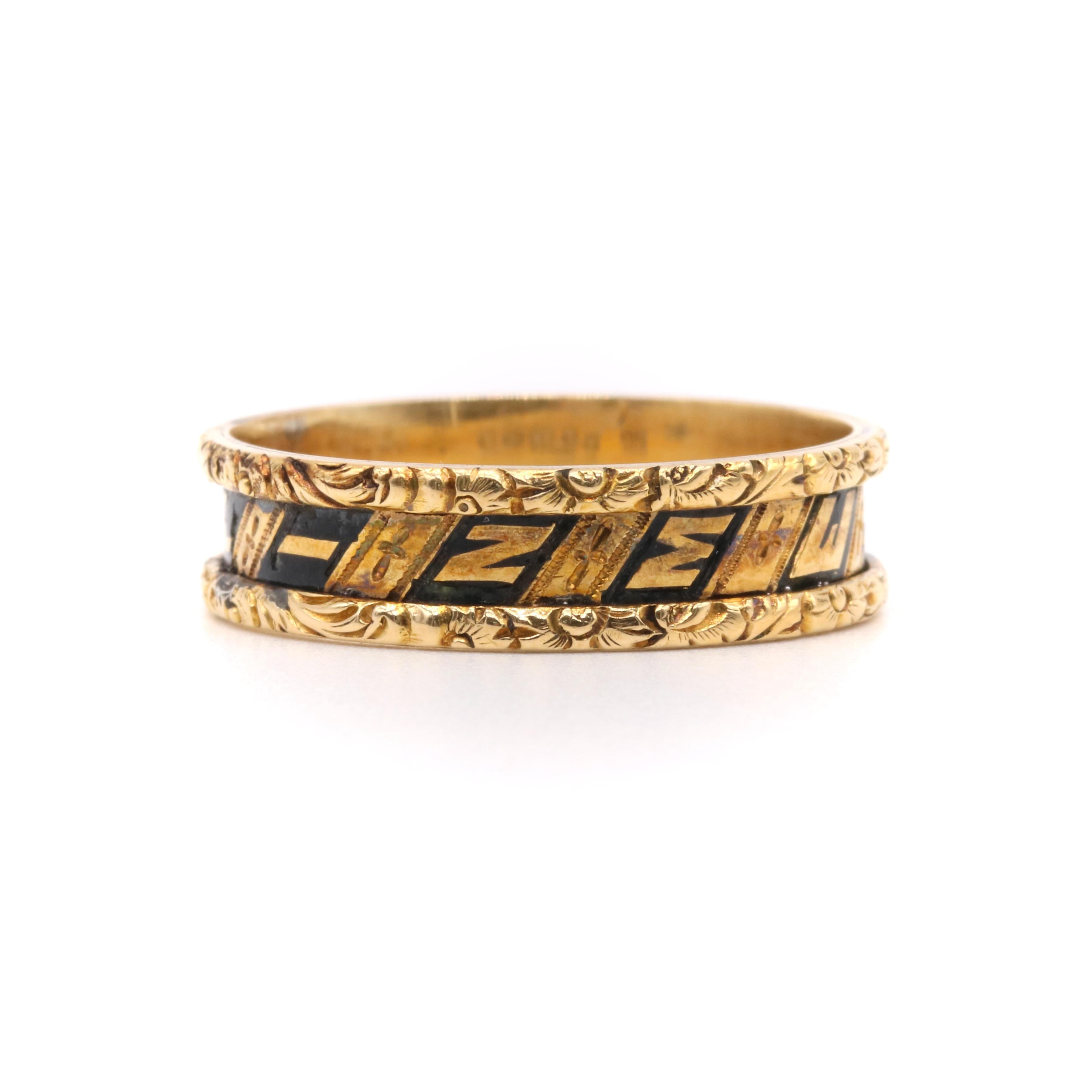 Victorian 1850s 18K Gold Black Enamel “In Memory Of” Engraved Mourning Ring For Sale