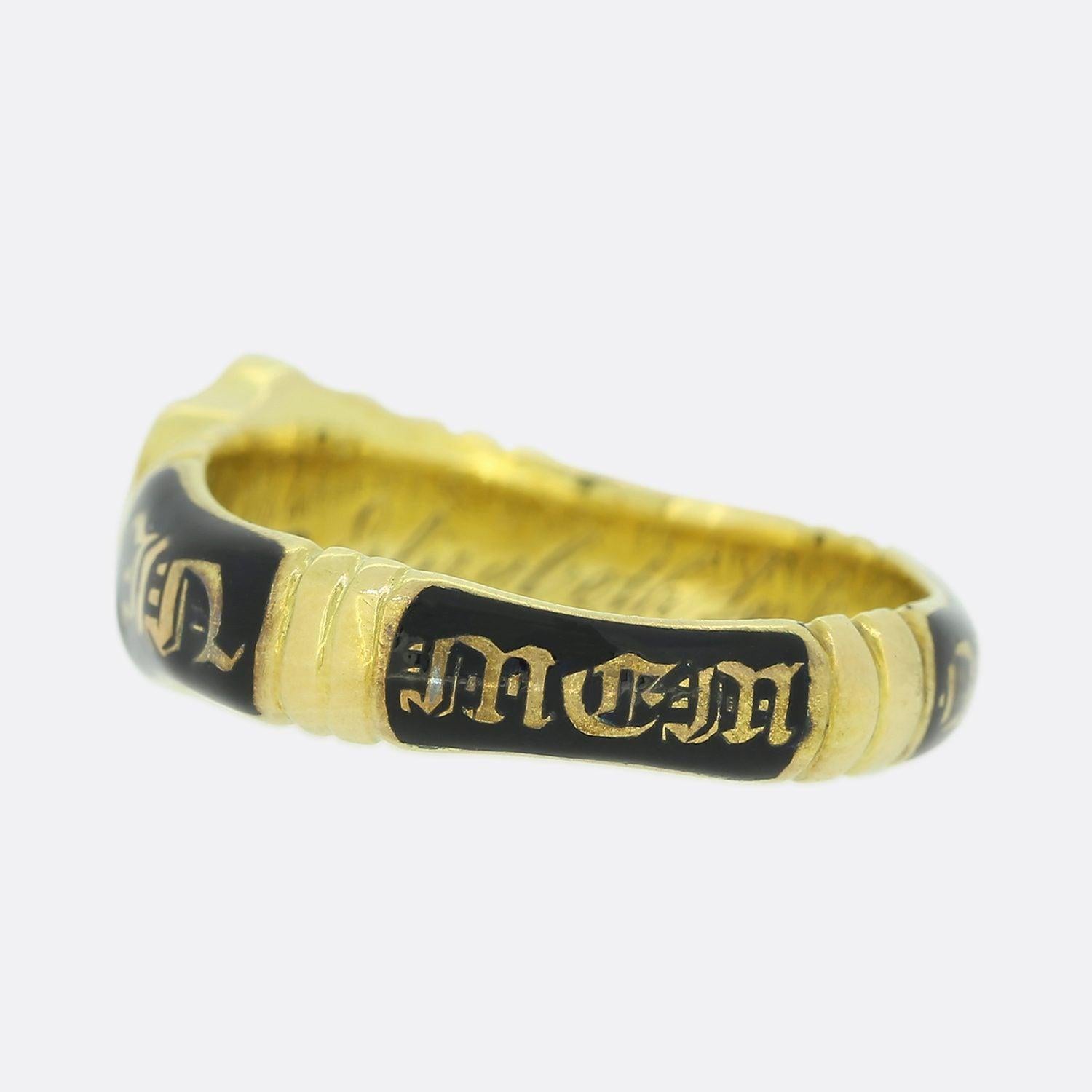Cabochon Victorian 1850s 'In Memory Of' Enamel Mourning Band Ring For Sale
