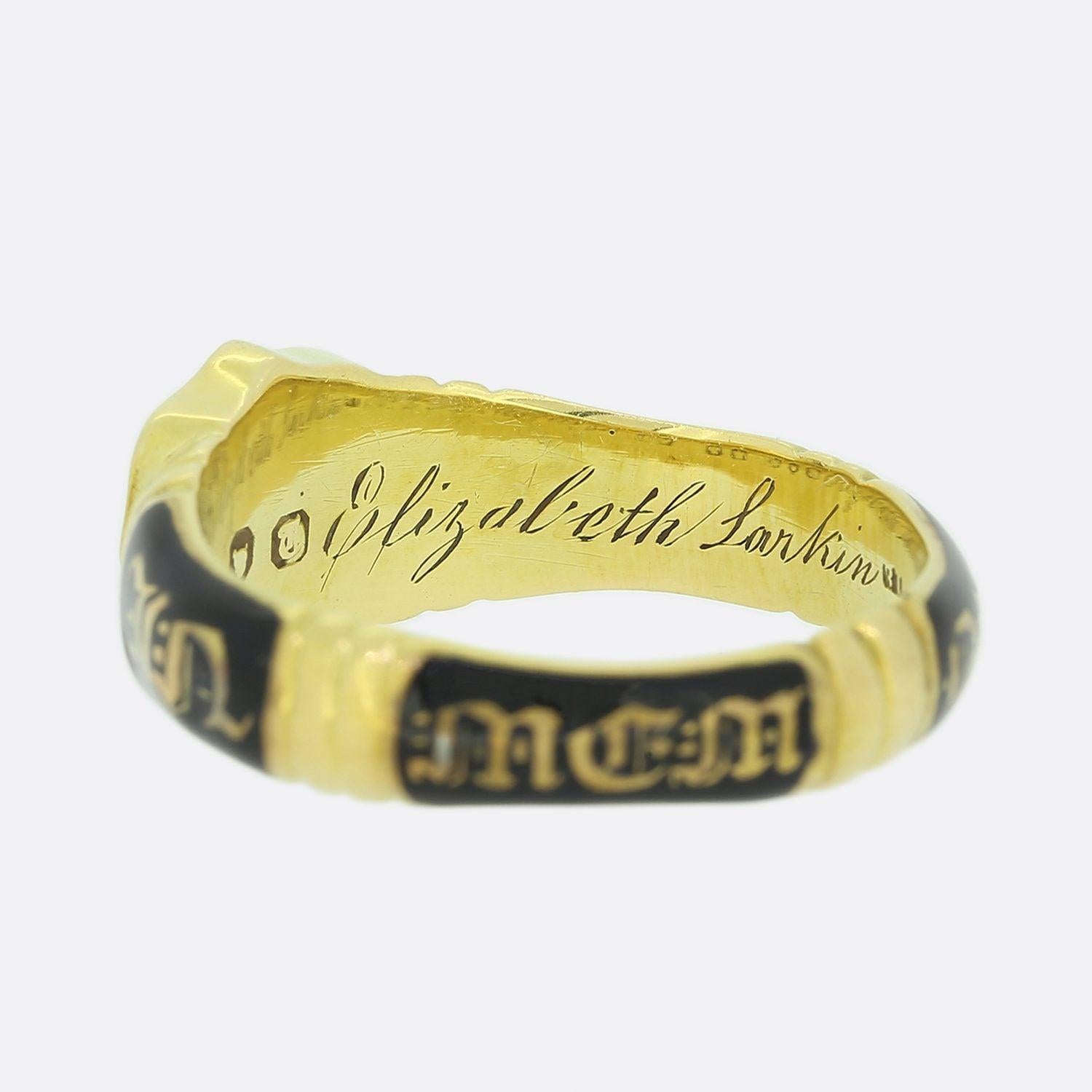 Victorian 1850s 'In Memory Of' Enamel Mourning Band Ring For Sale 2