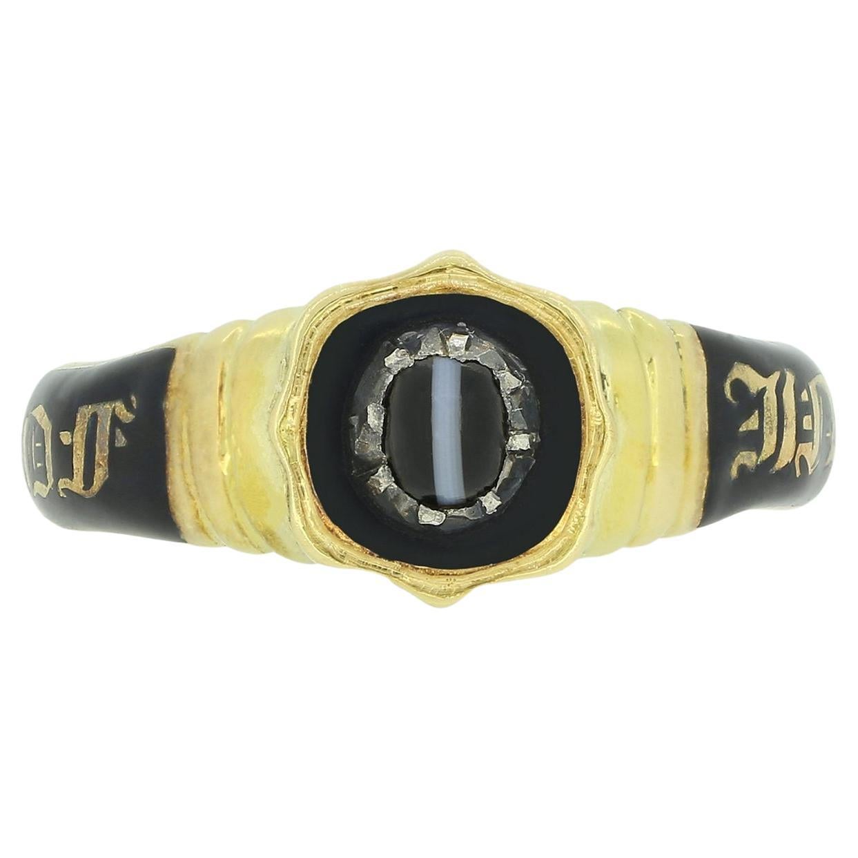 Viktorianischer 1850er 'Zum Gedenken an' Emaille-Trauerband-Ring