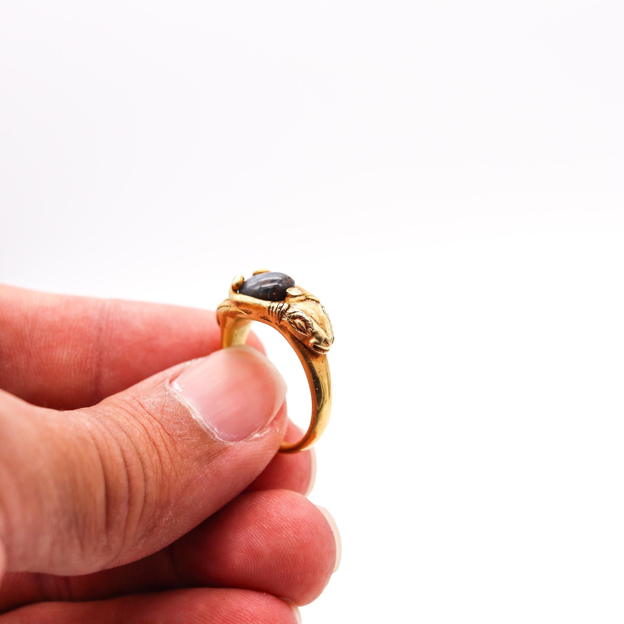 Victorian 1860 Ancient Revival Ram Ring in Solid 22Kt Yellow Gold With Sapphire For Sale 4
