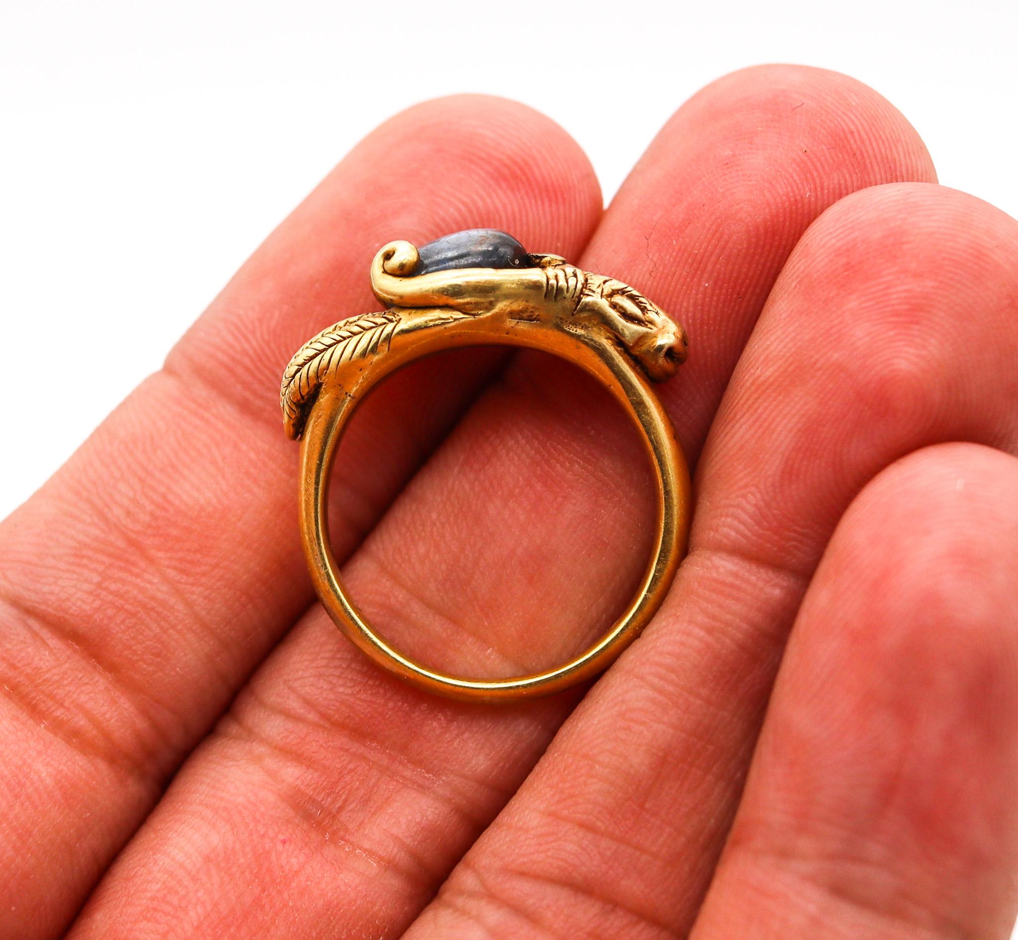 Victorian 1860 Ancient Revival Ram Ring in Solid 22Kt Yellow Gold With Sapphire For Sale 5