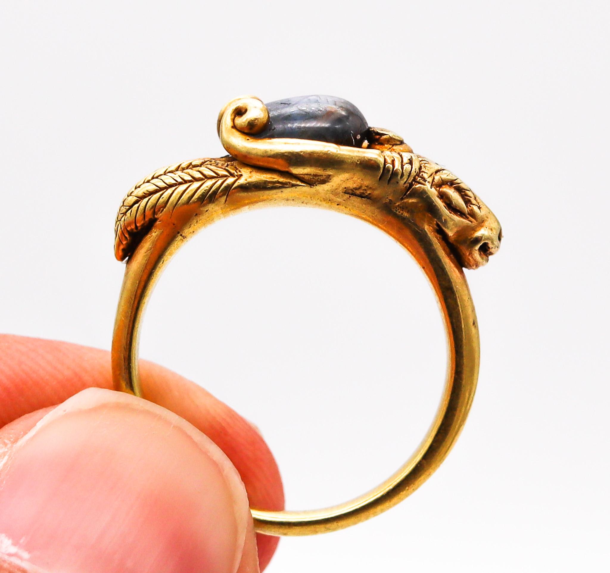 Victorian 1860 Ancient Revival Ram Ring in Solid 22Kt Yellow Gold With Sapphire For Sale 8