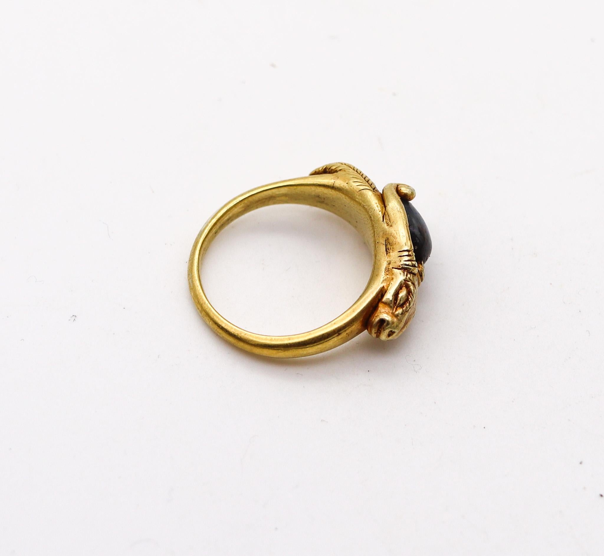 Ancient revival ring with a ram.

This is a very unusual and beautiful ring designed in the 19th century with a mix of ancient Etruscan and Egyptian revival patterns. The ring is of European origin and most probably made in England during the middle